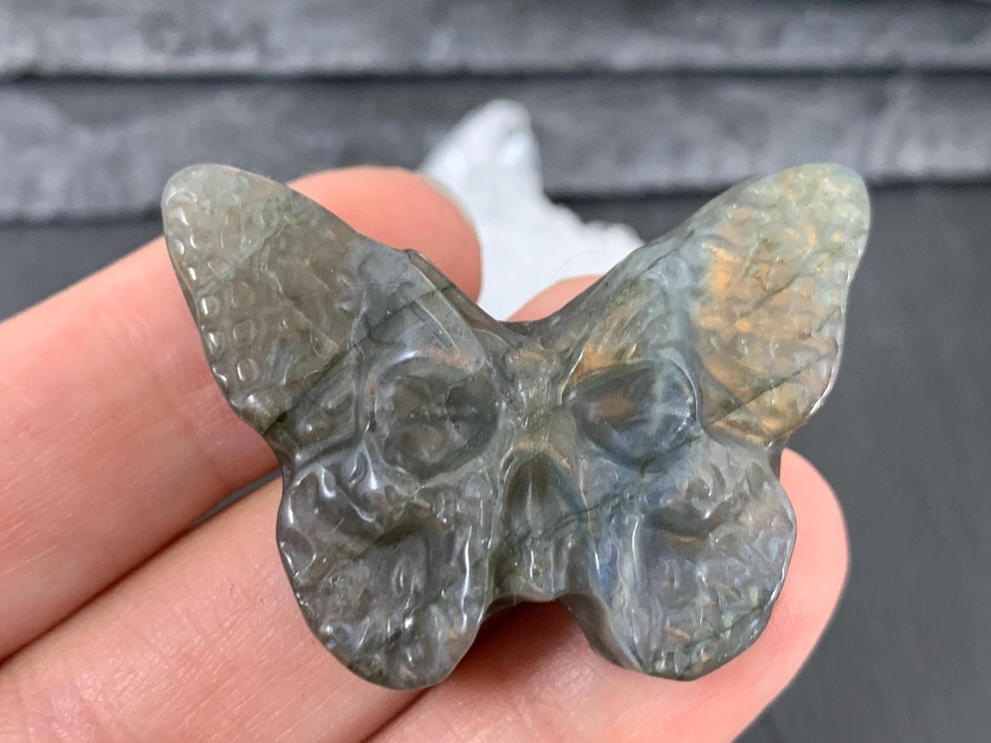 Ghost Face Butterfly Carving – Hand Carved Gemstone Flat Back Gem 29x40mm