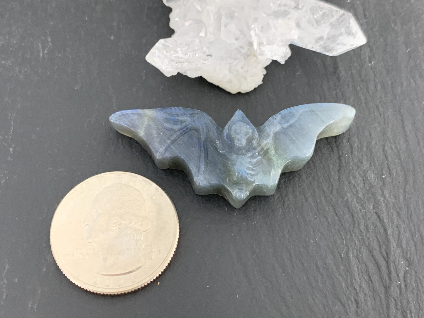 Labradorite skeleton bat 18x48mm flat back carving