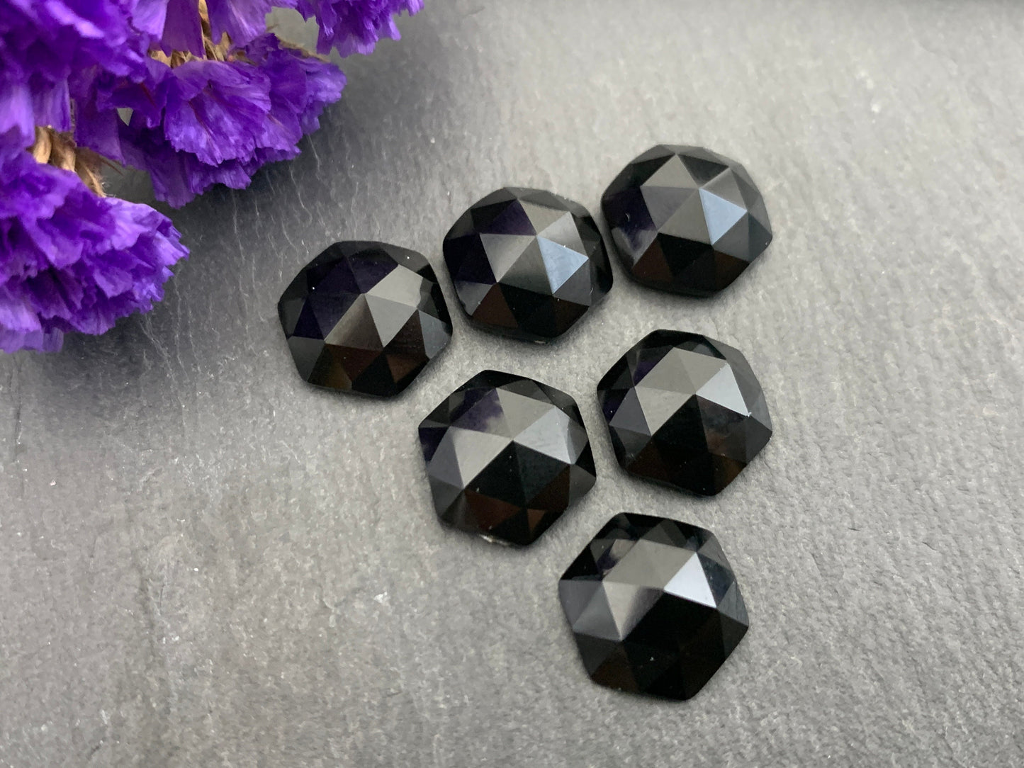 Faceted black Agate hexagon 12mm cabochon - Calibrated cabochons