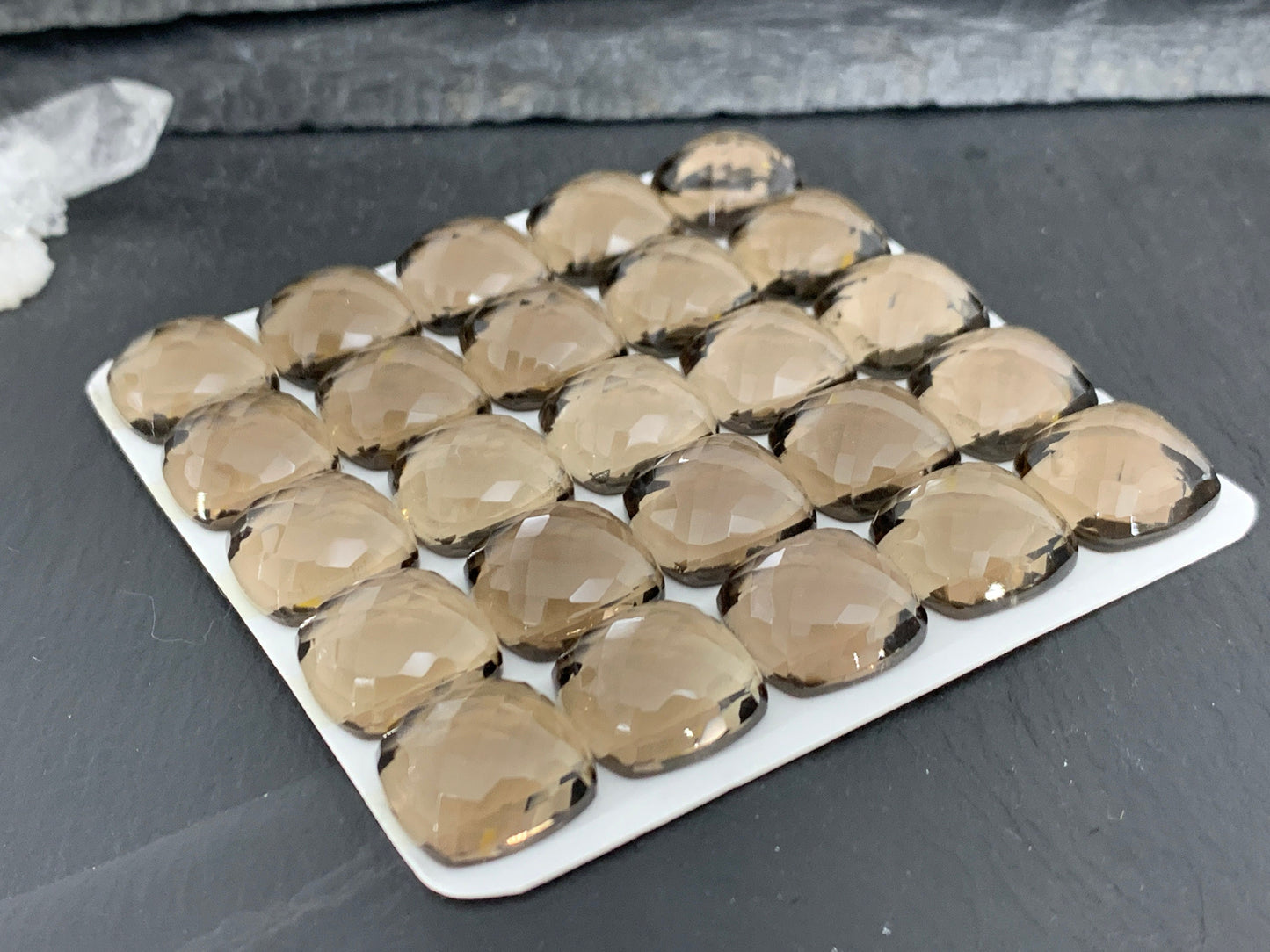 Faceted Smokey Quartz square cushion 14mm cabochon - Calibrated cabochons