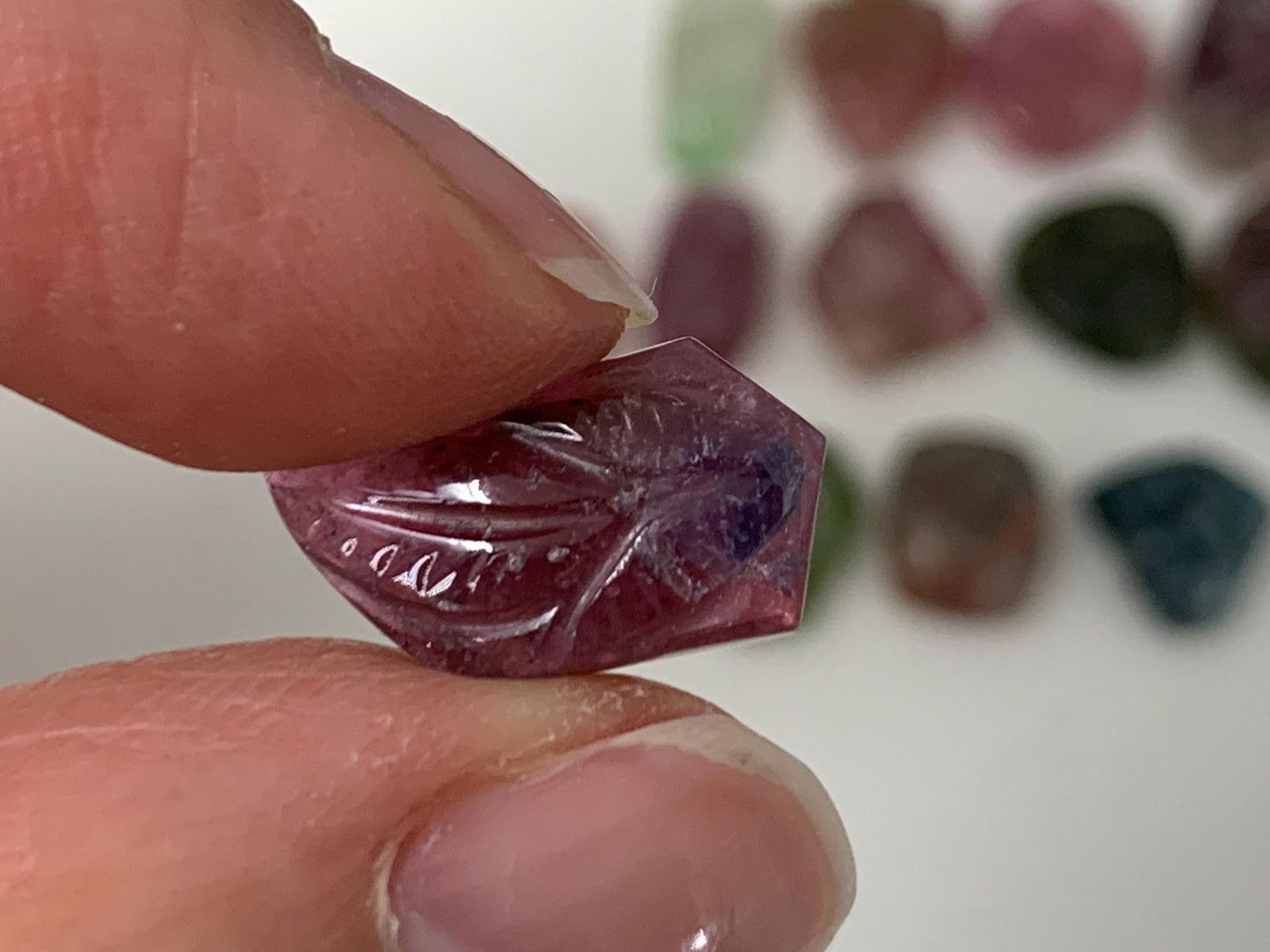 Discounted damaged carved Watermelon Tourmaline 9-15mm long cabochon