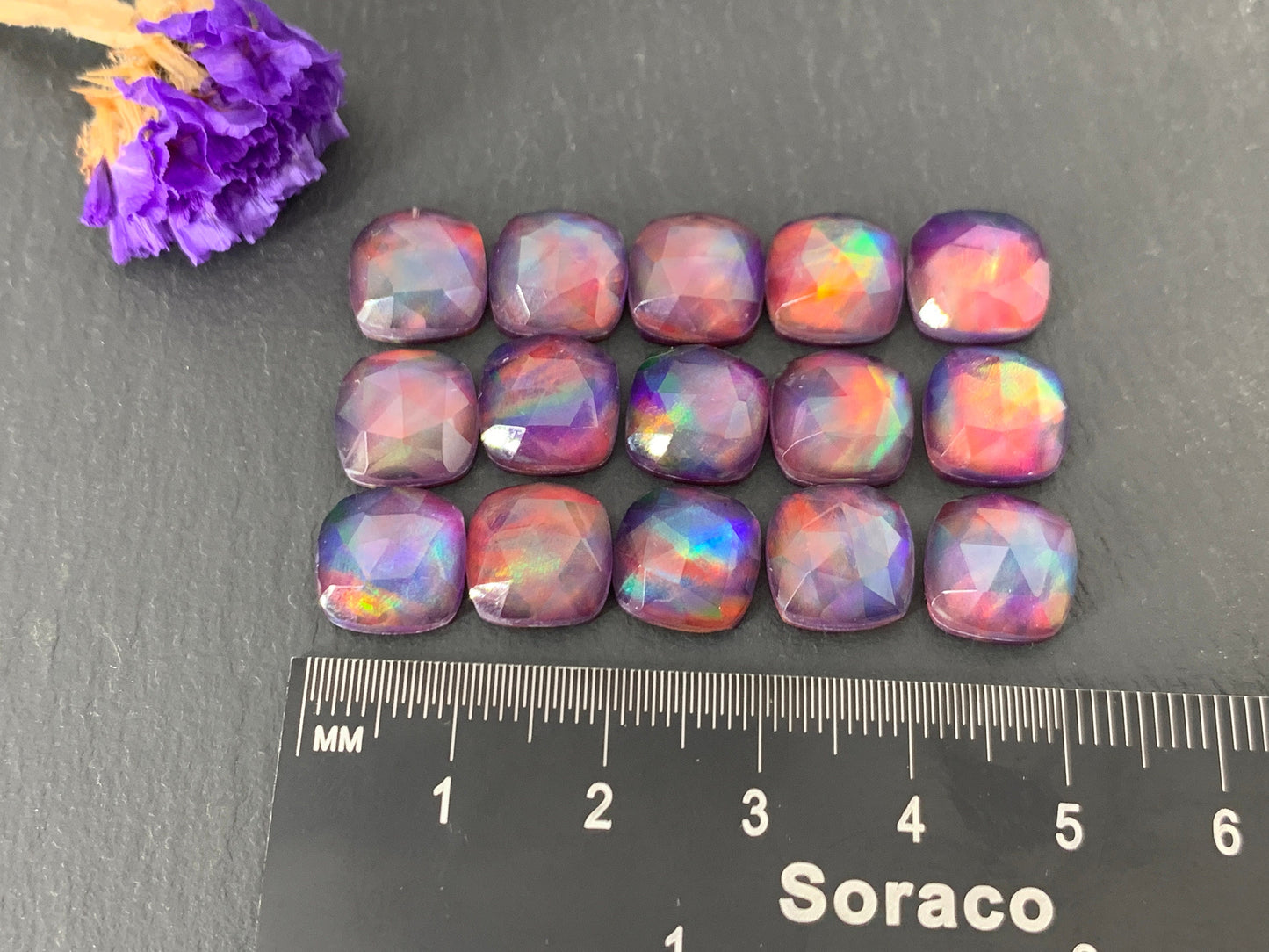 Faceted Aurora Opal square 10mm cabochon - Doublet cabochons