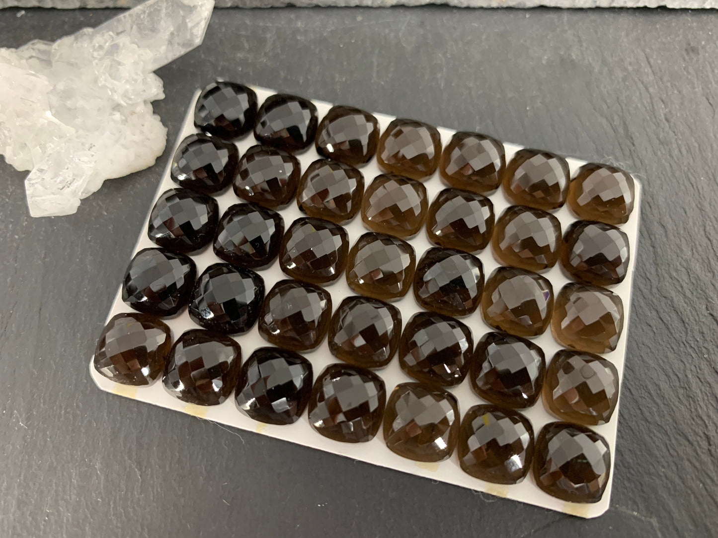 Faceted Smokey Quartz square cushion 10mm cabochon - Calibrated cabochons