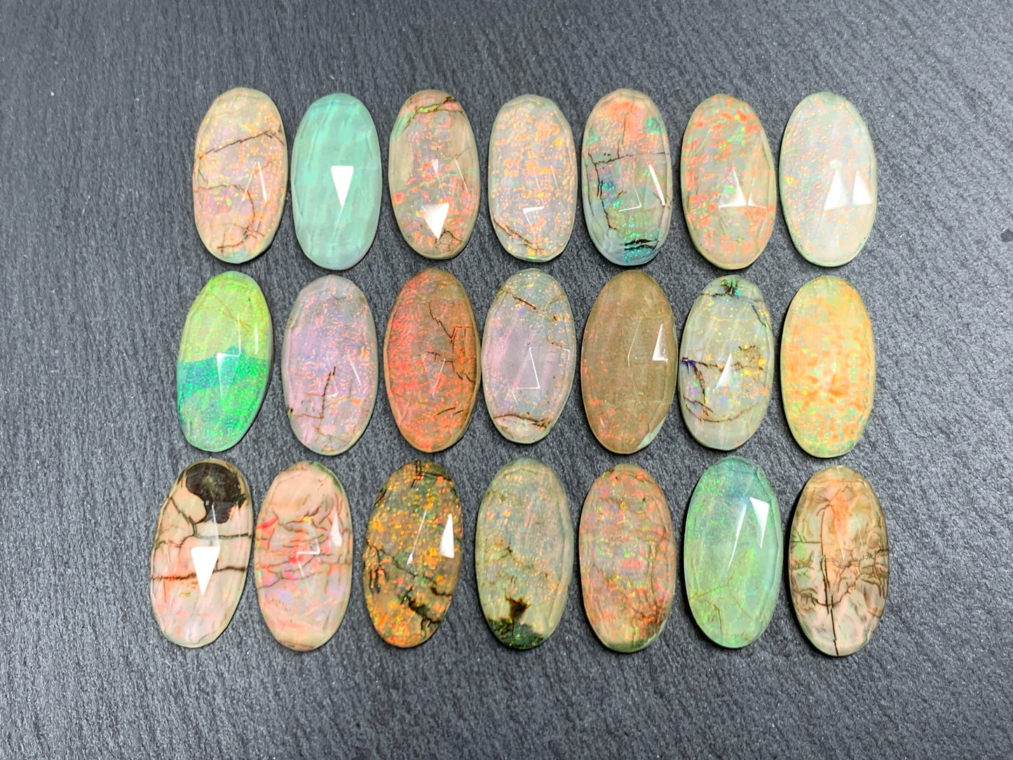Faceted Monarch Opal oval 10x20mm cabochons - Doublet cabochons