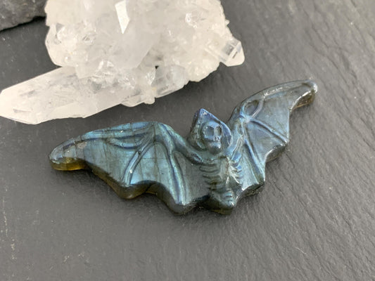 Labradorite skeleton bat 19x48mm flat back carving