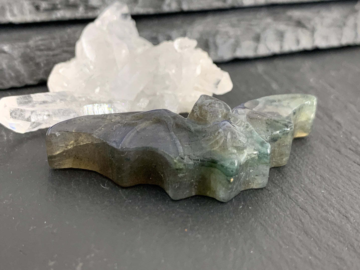 Labradorite skeleton bat 19x49mm flat back carving