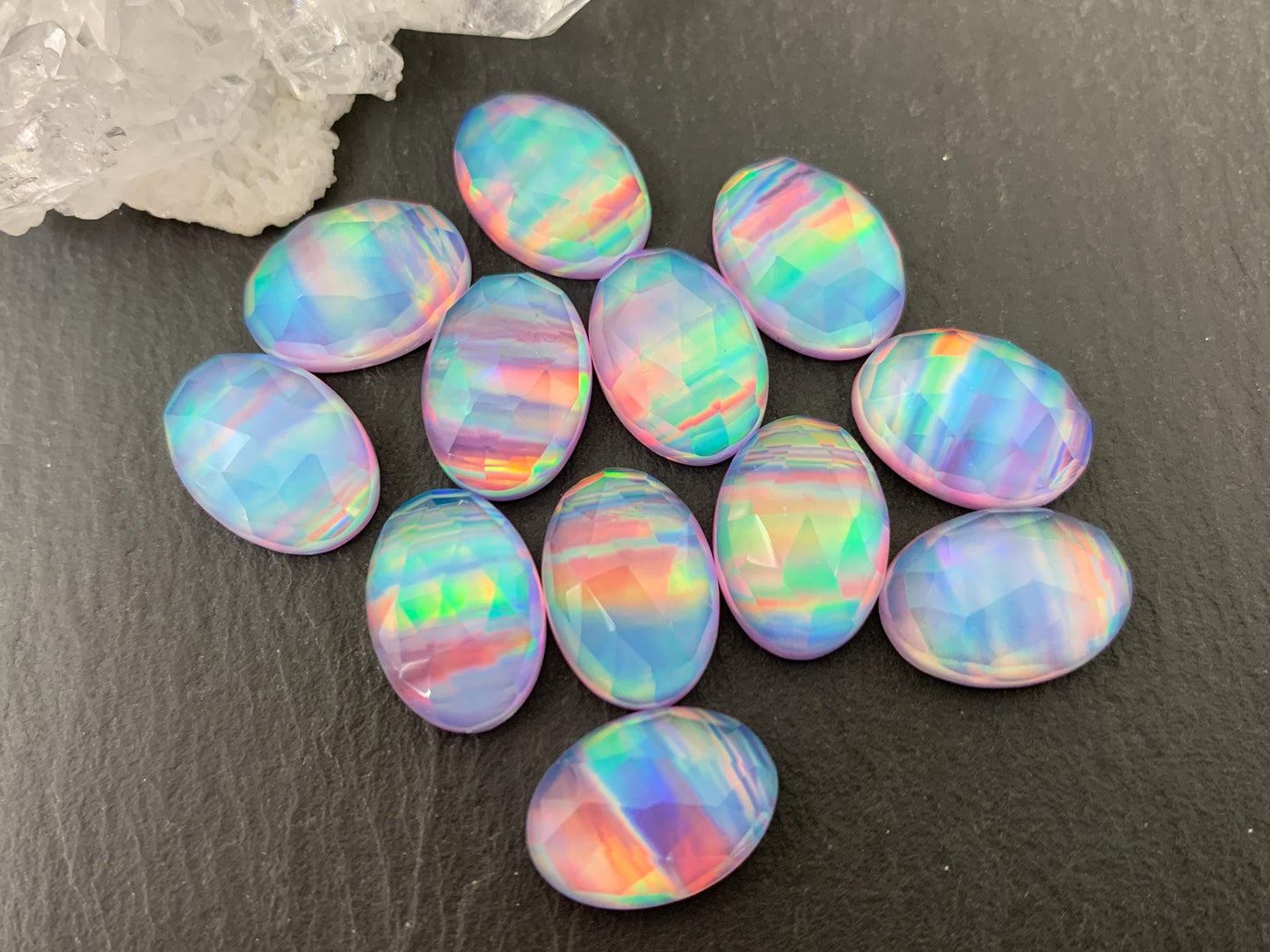 Faceted Aurora Opal oval 10x14mm cabochons - Doublet cabochons