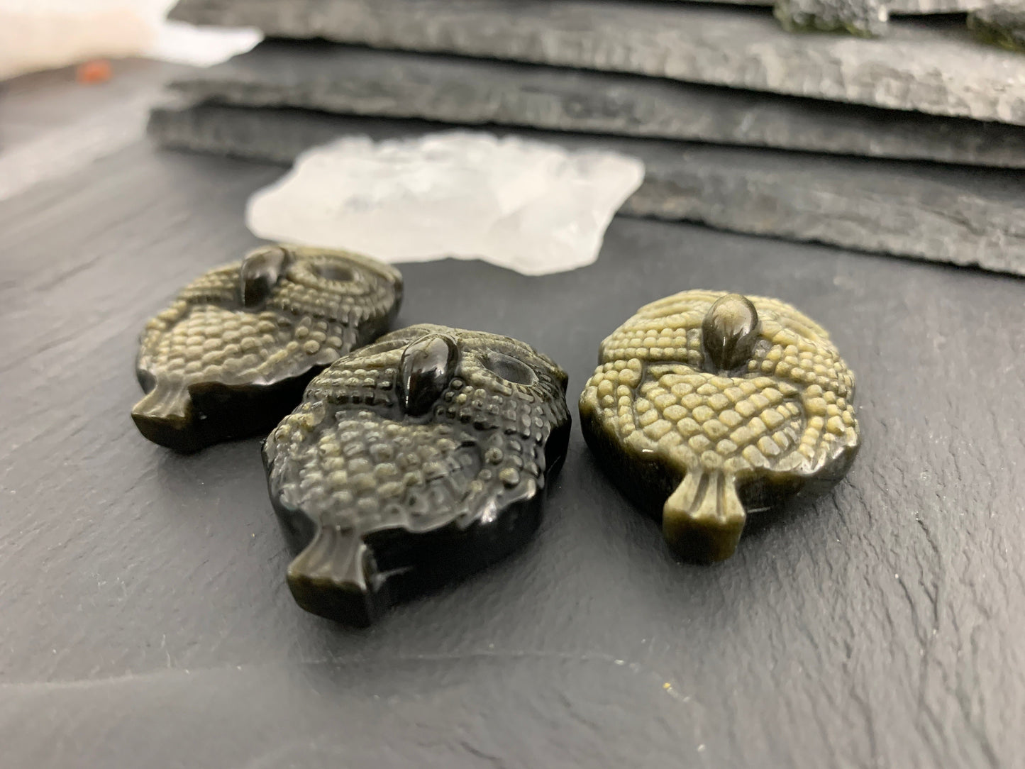 Gold Obsidian owl cabochon carving