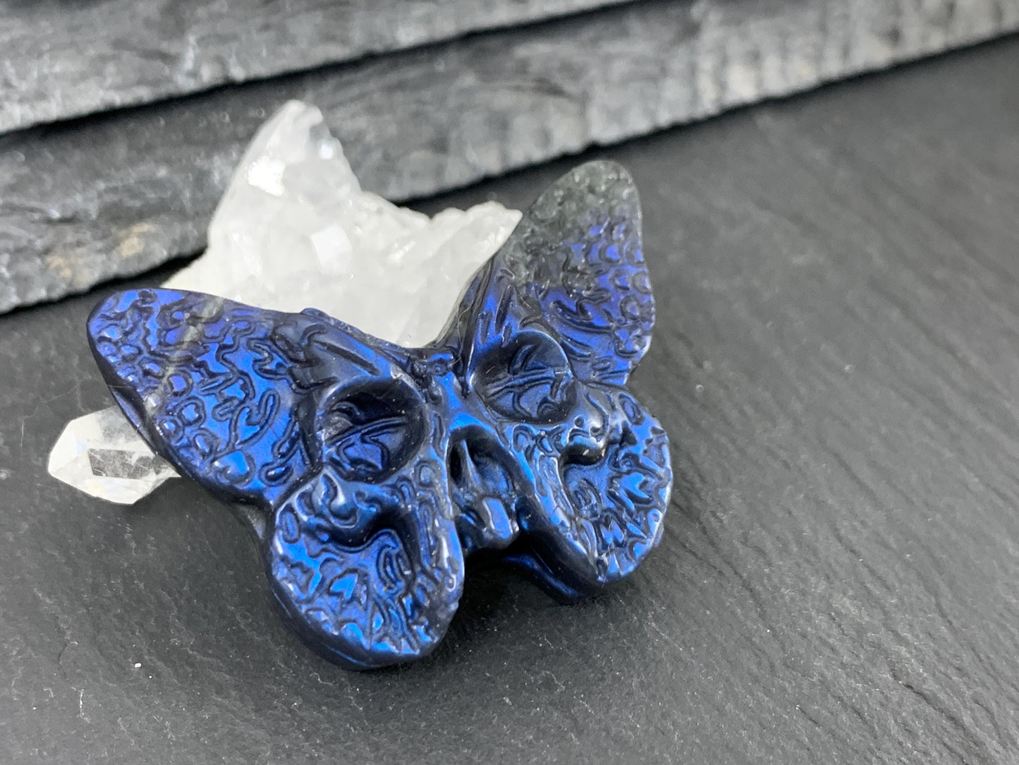 Labradorite Butterfly Carving 28x40mm Flat Back Gemstone - Hand Carved Ghost Face Design