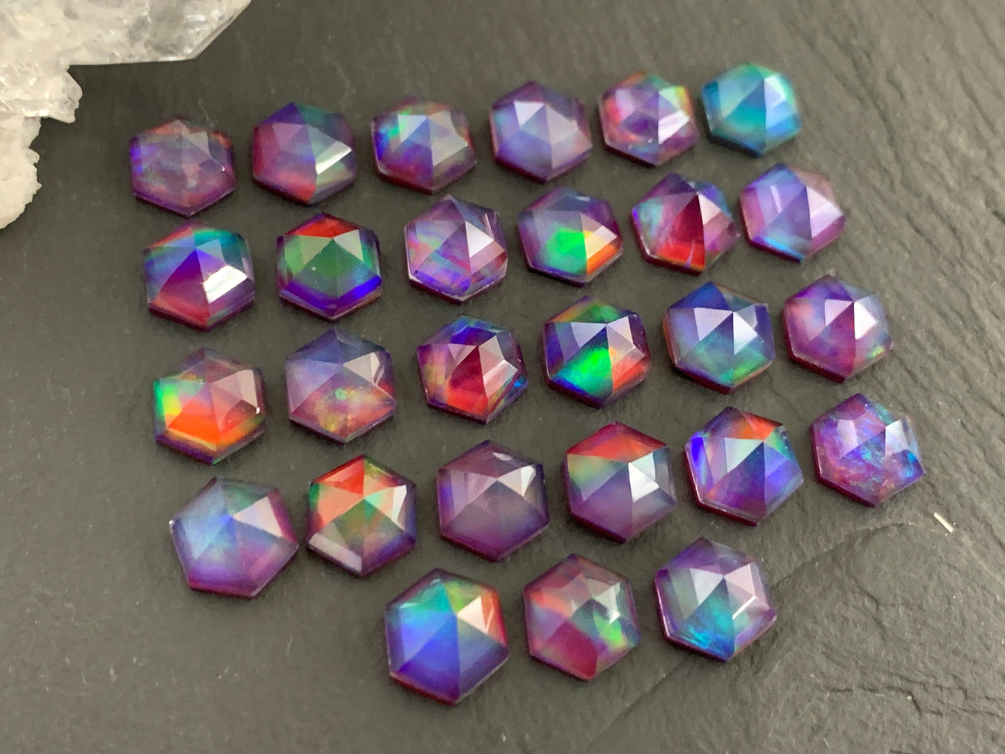 Faceted Aurora Opal hexagon 8x9mm cabochon - Doublet cabochons