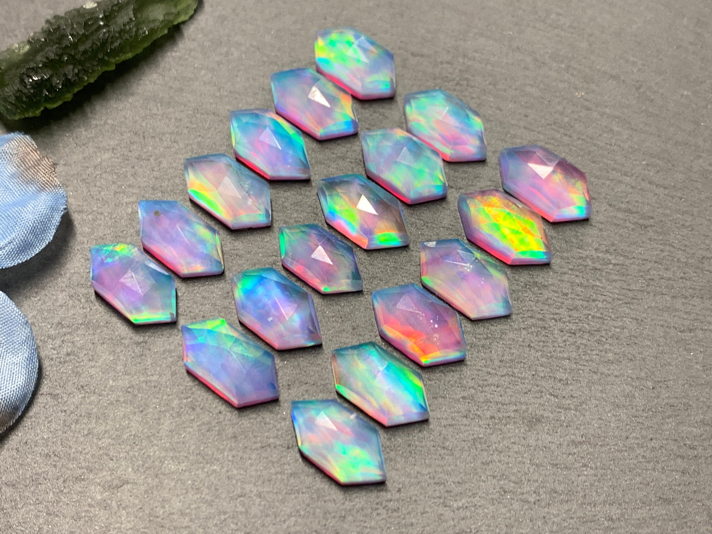 Faceted Aurora Opal long hexagon 8x16m cabochon - Doublet cabochons