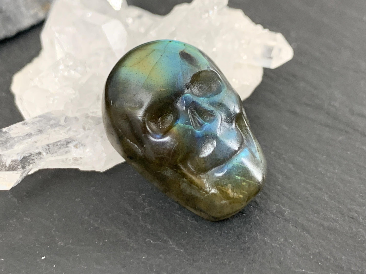Labradorite Skull Cabochon 15x22mm - Natural Green Gemstone Flat Back Carving
