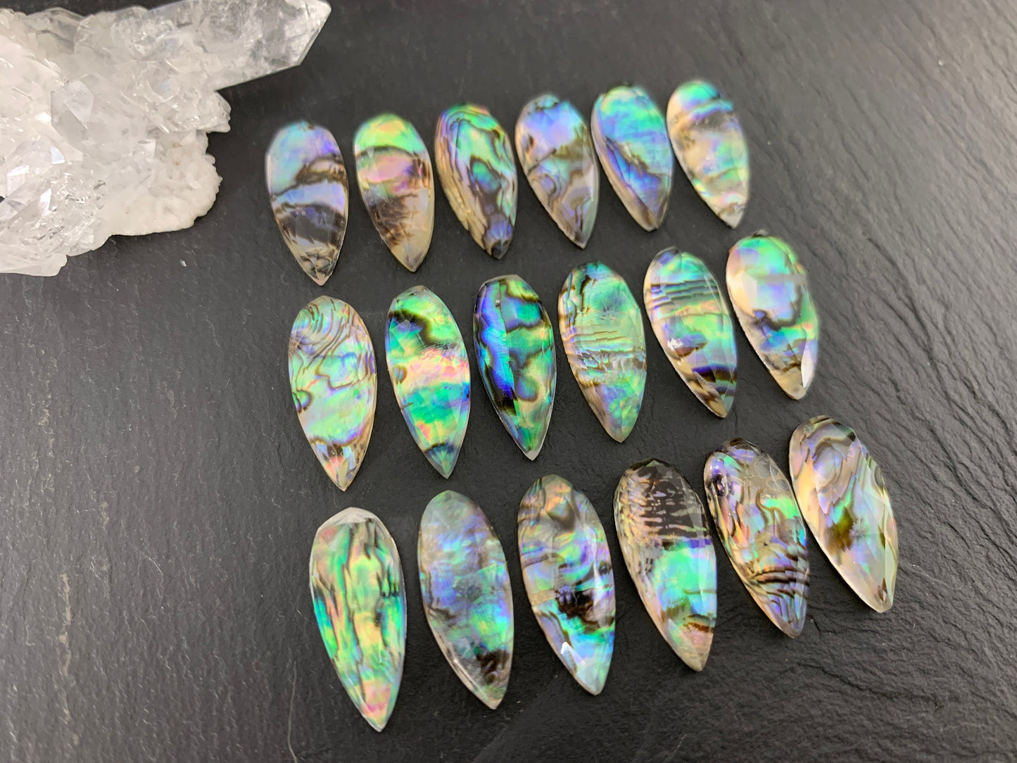 Faceted Abalone Crystal pear 10x20mm doublet cabochon