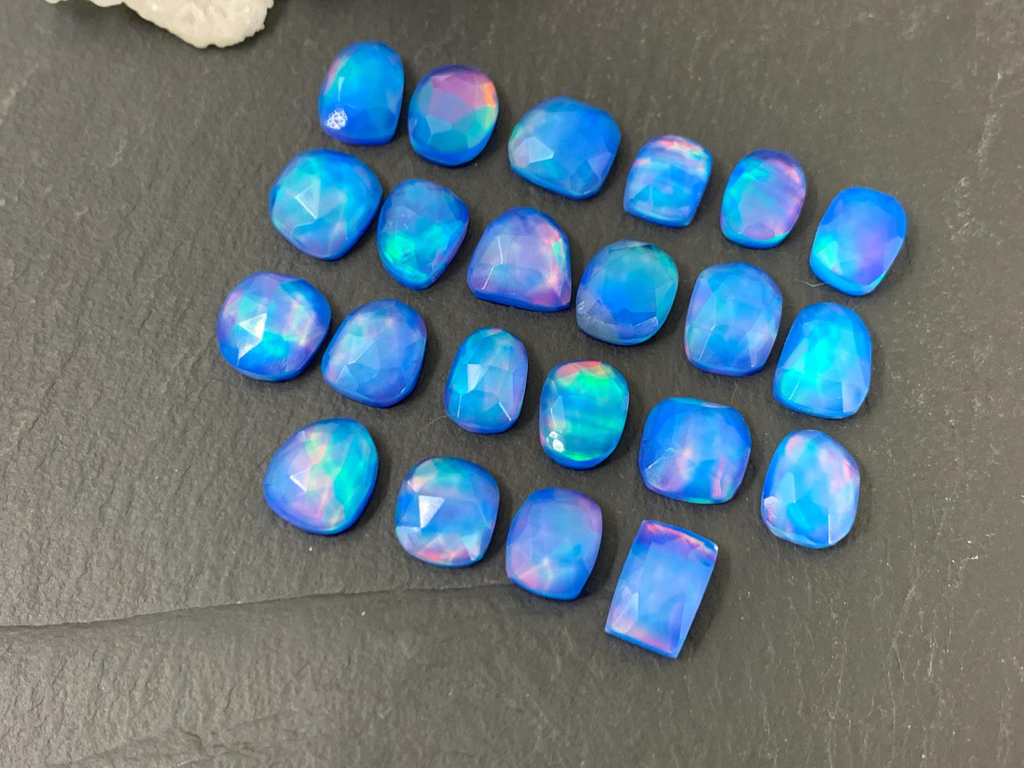Faceted Aurora Opal free form 9-10mm long doublet cabochons - Doublet cabochons