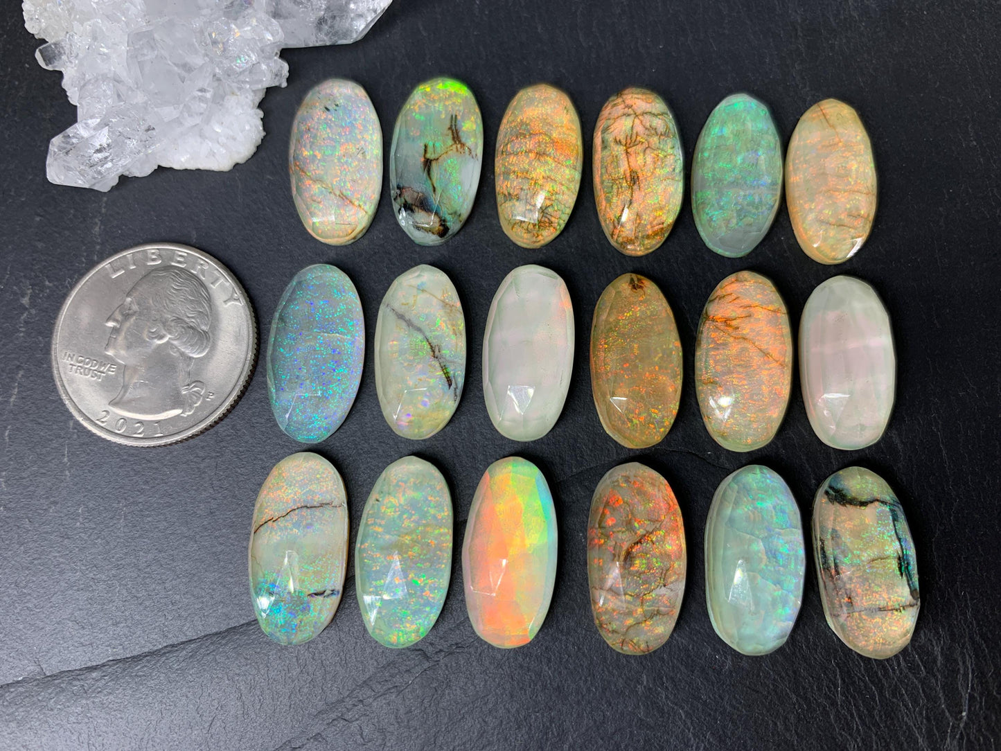 Faceted Monarch Opal oval 10x20mm cabochons - Doublet cabochons