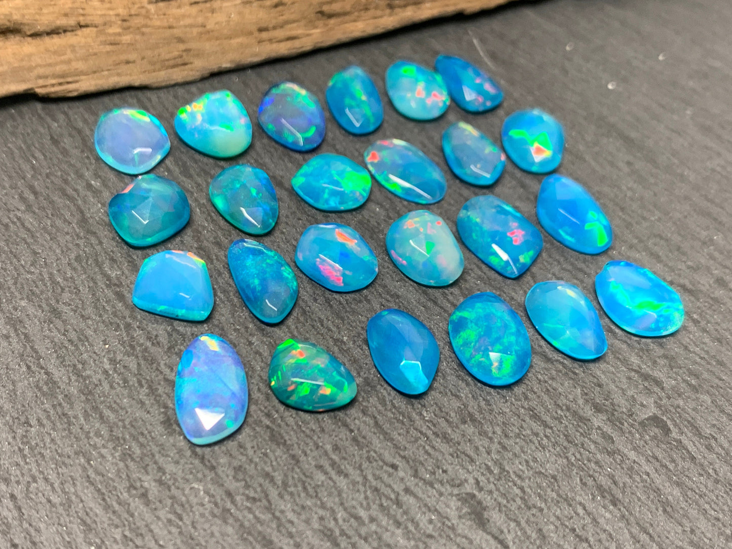 Faceted Blue Ethiopian Opal 8-10mm long cabochon