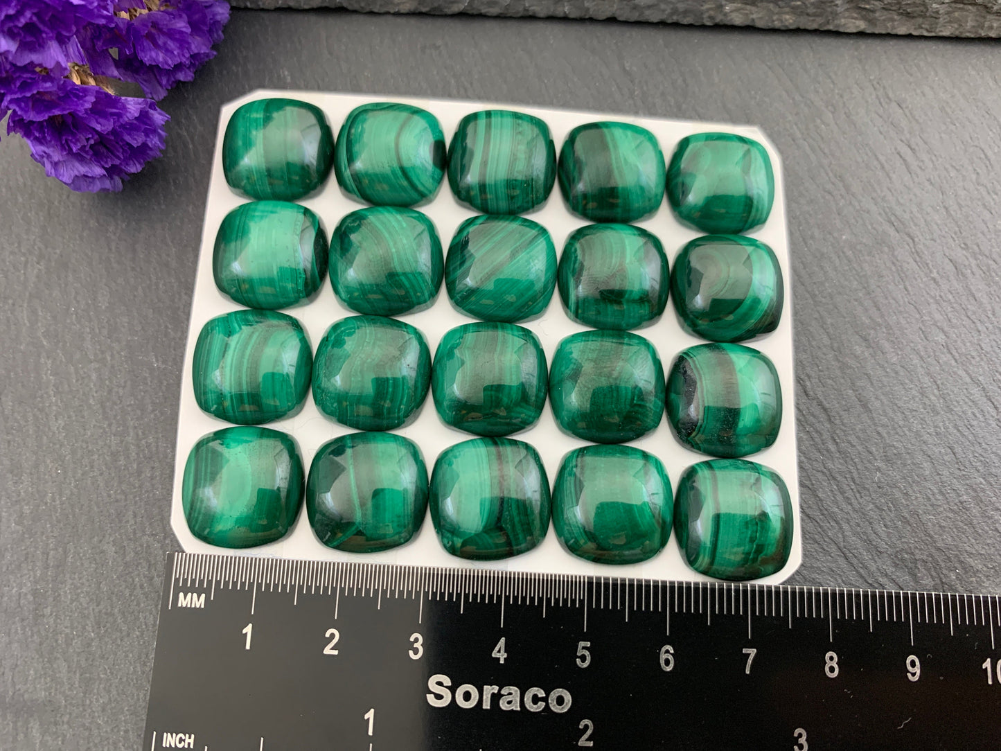 Malachite square cushion 15mm cabochon - Calibrated cabochons
