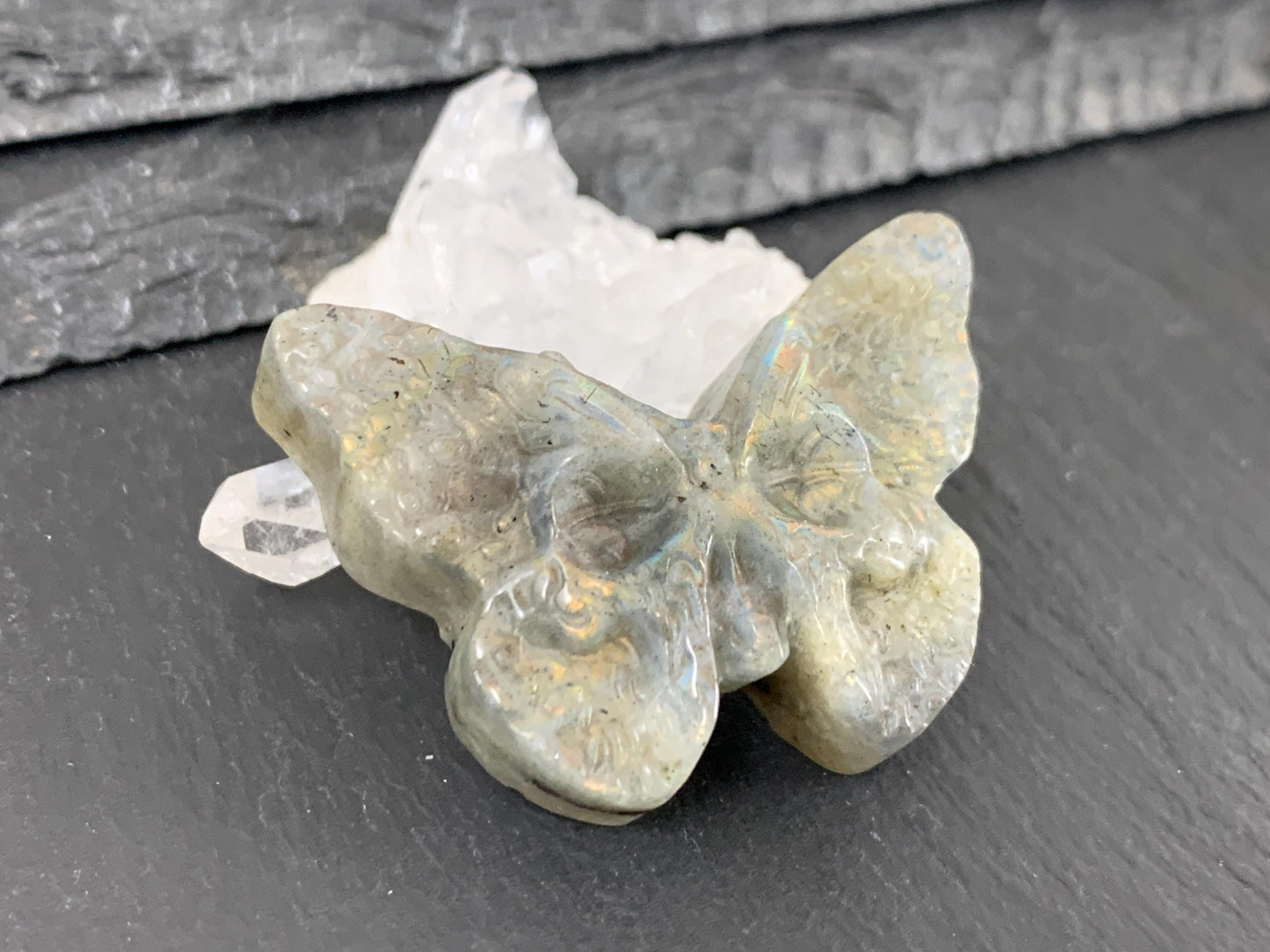 Labradorite Ghost Butterfly – Hand Carved Gemstone Flat Back Carving, Artisan Crystal Gift
