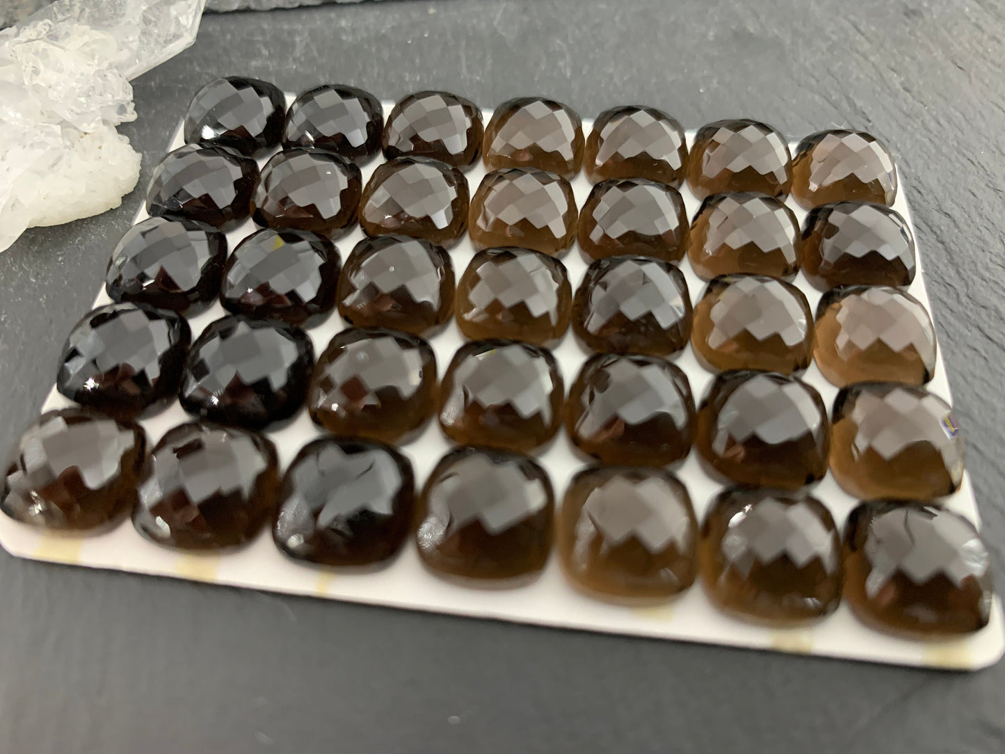 Faceted Smokey Quartz square cushion 10mm cabochon - Calibrated cabochons