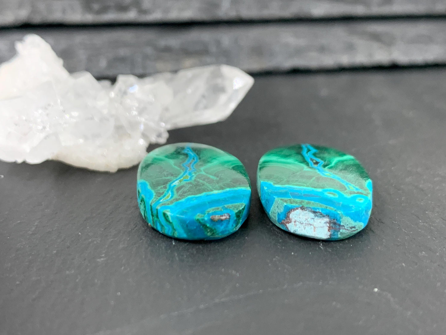 Malachite Chrysocolla oval 14x23x4.5mm cabochon pair