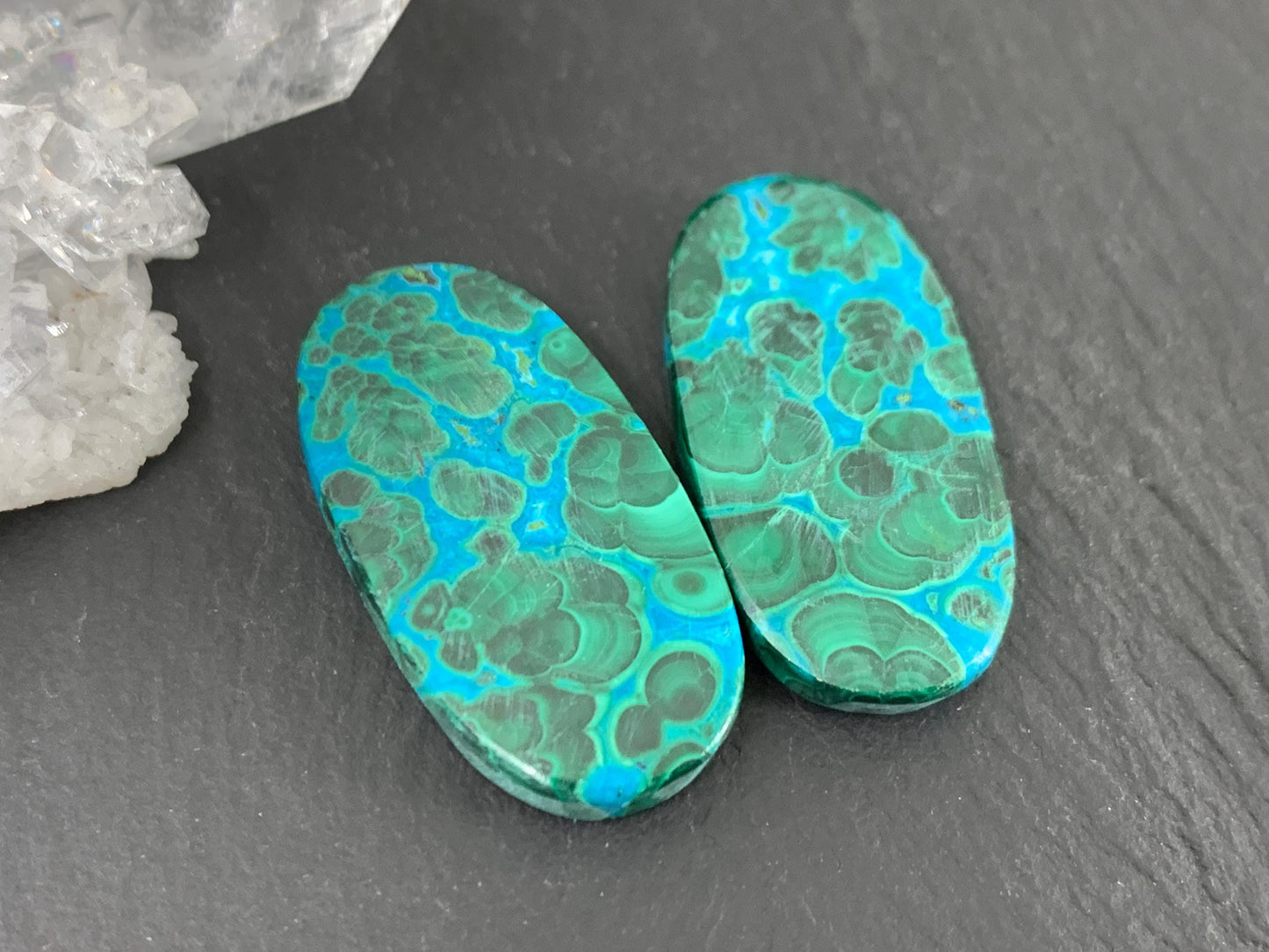 Malachite Chrysocolla oval 14x28x4mm cabochon pair