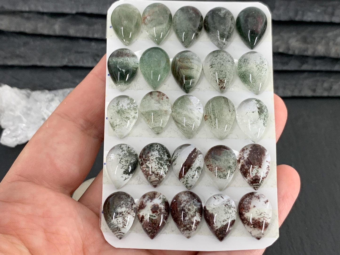 Green Phantom Crystal pear 10x14mm cabochon - Calibrated cabochons