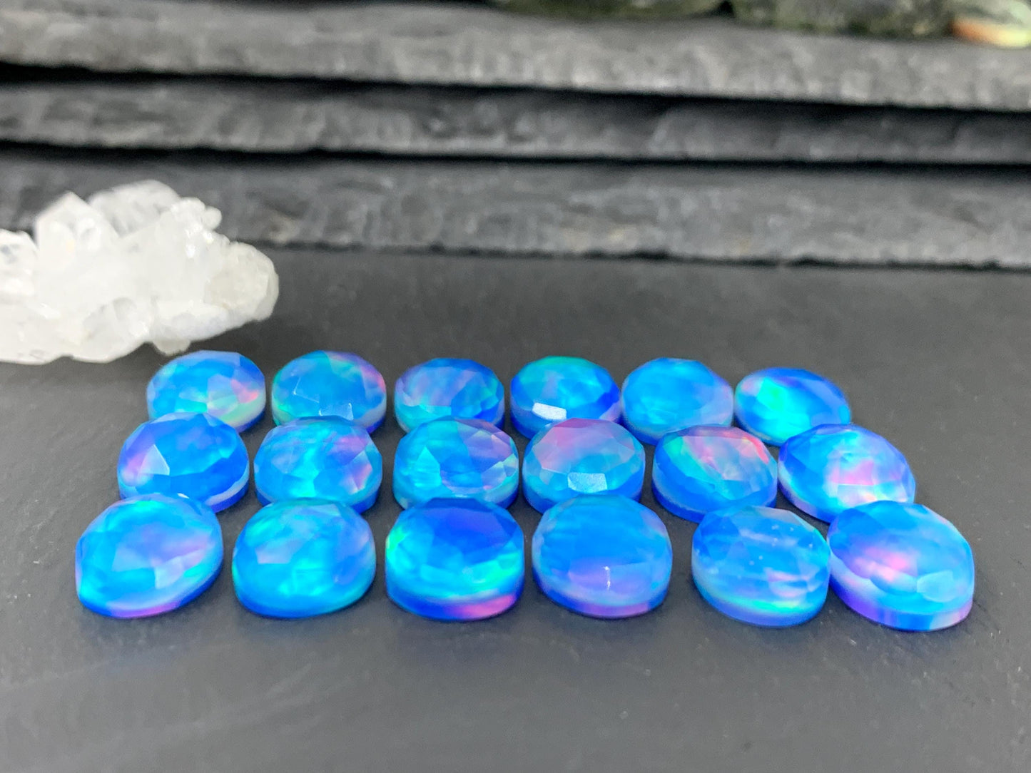 Faceted Aurora Opal oval 10x14mm cabochons - Doublet cabochons