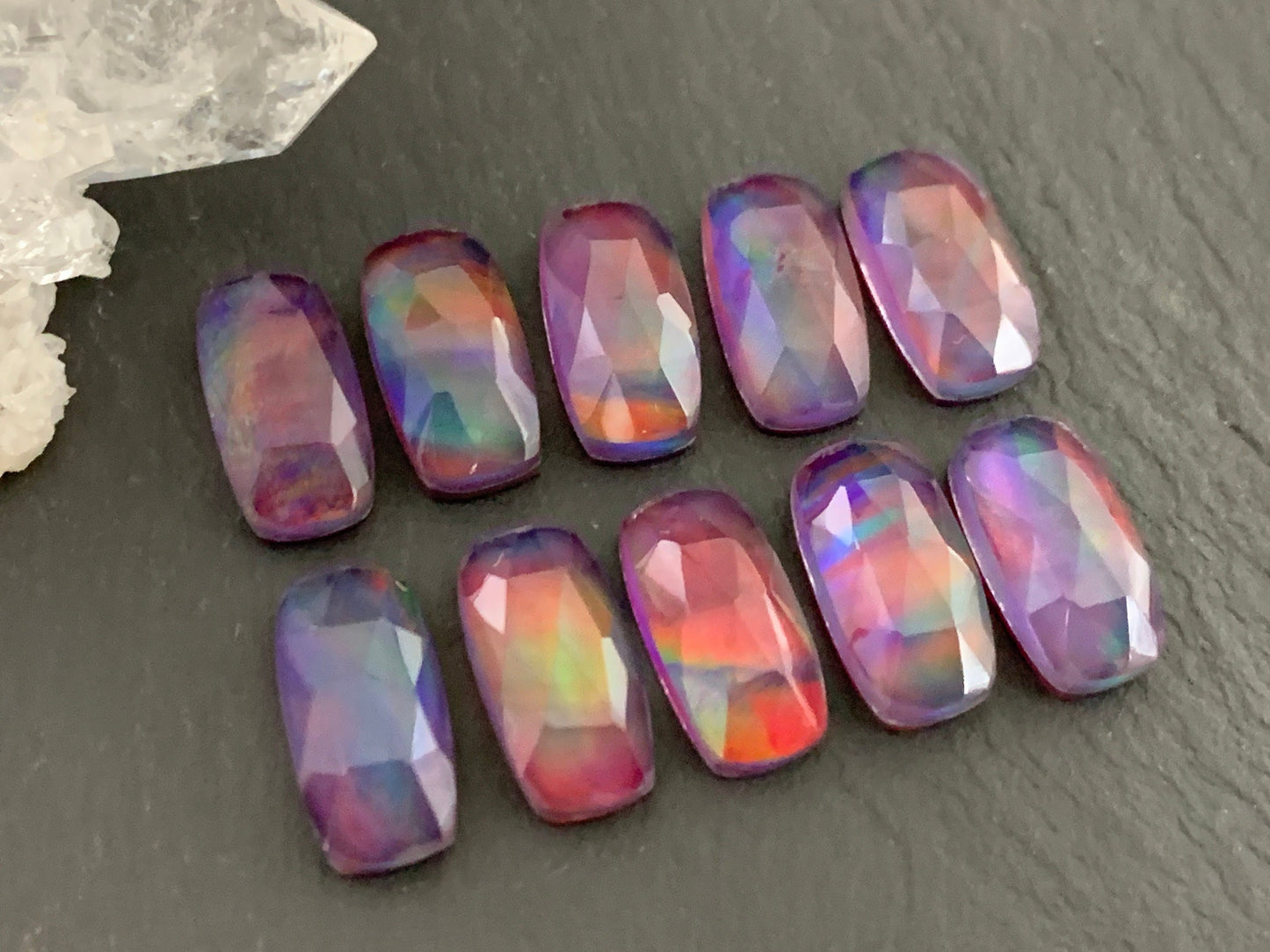 Faceted Aurora Opal rectangle 7x14mm cabochon - Doublet cabochons