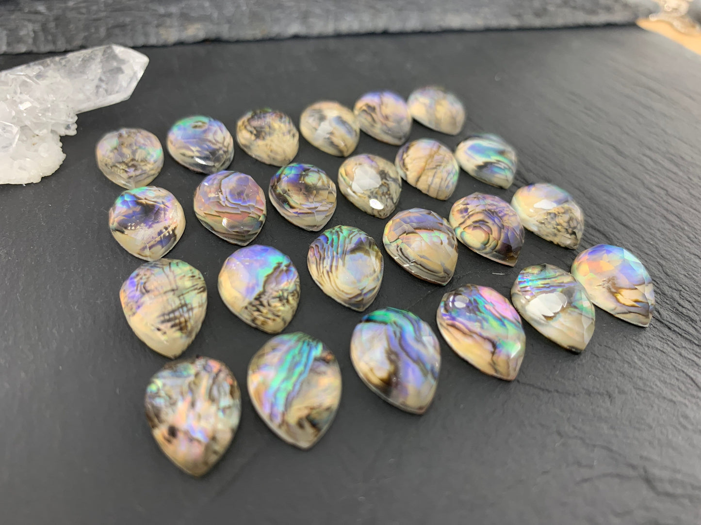 Rose Cut Abalone Crystal Doublet Pear 10x14mm Cabochon