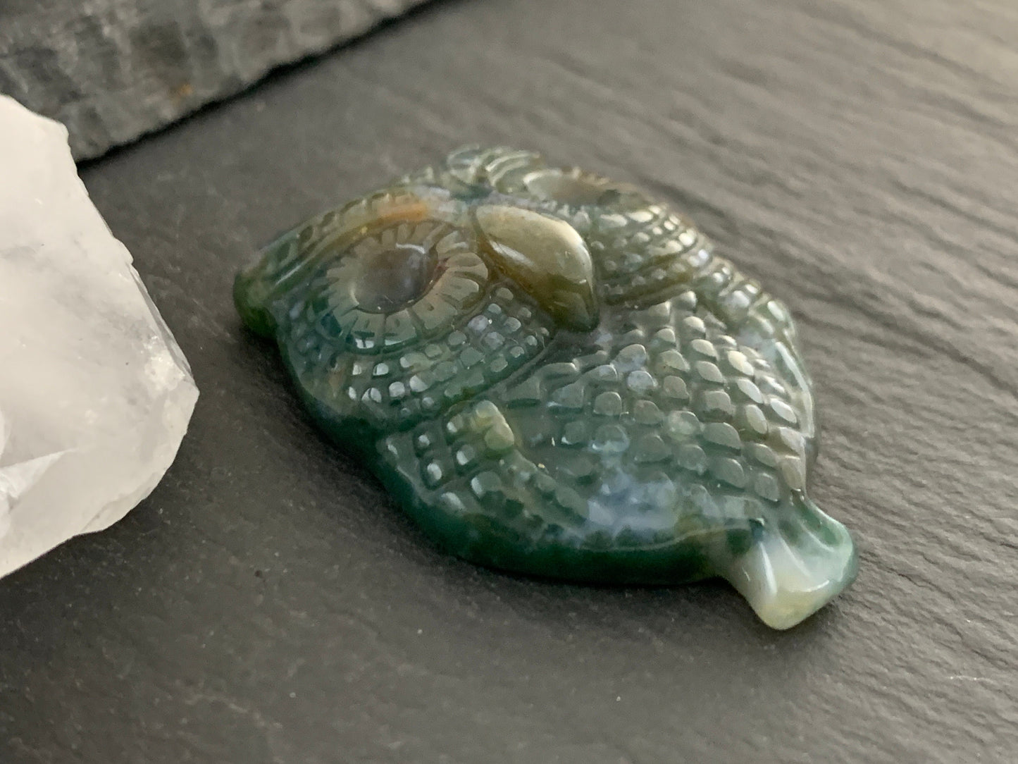 Ocean Jasper owl top drilled 25x35mm cabochon carving