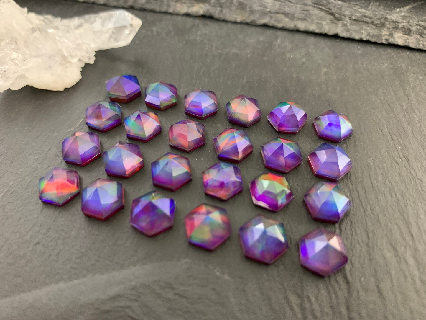 Faceted Aurora Opal hexagon 8mm cabochon - Doublet cabochons