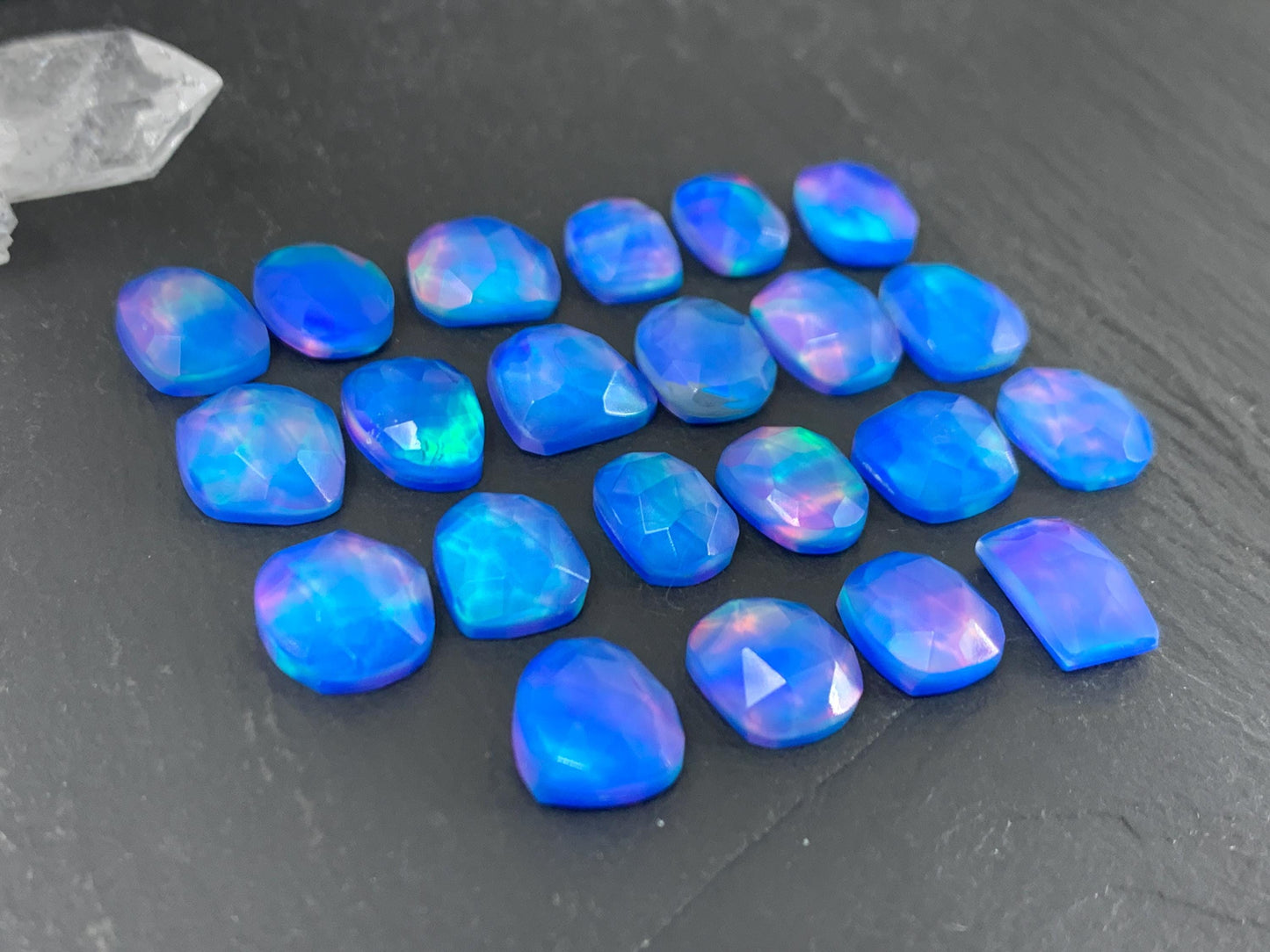 Faceted Aurora Opal free form 9-10mm long doublet cabochons - Doublet cabochons