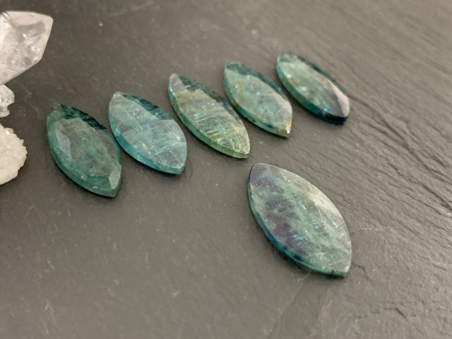 Faceted Emerald Green Kyanite marquise 21-22mm long cabochon