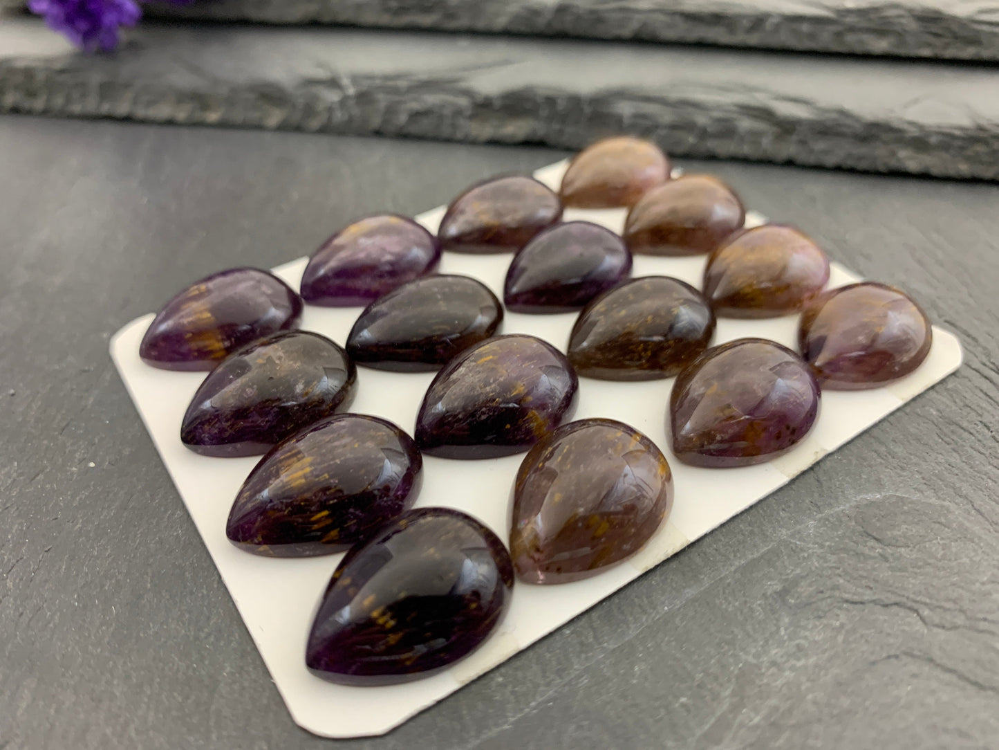 Amethyst Cacoxenite pear 15x20mm cabochon - Calibrated cabochons