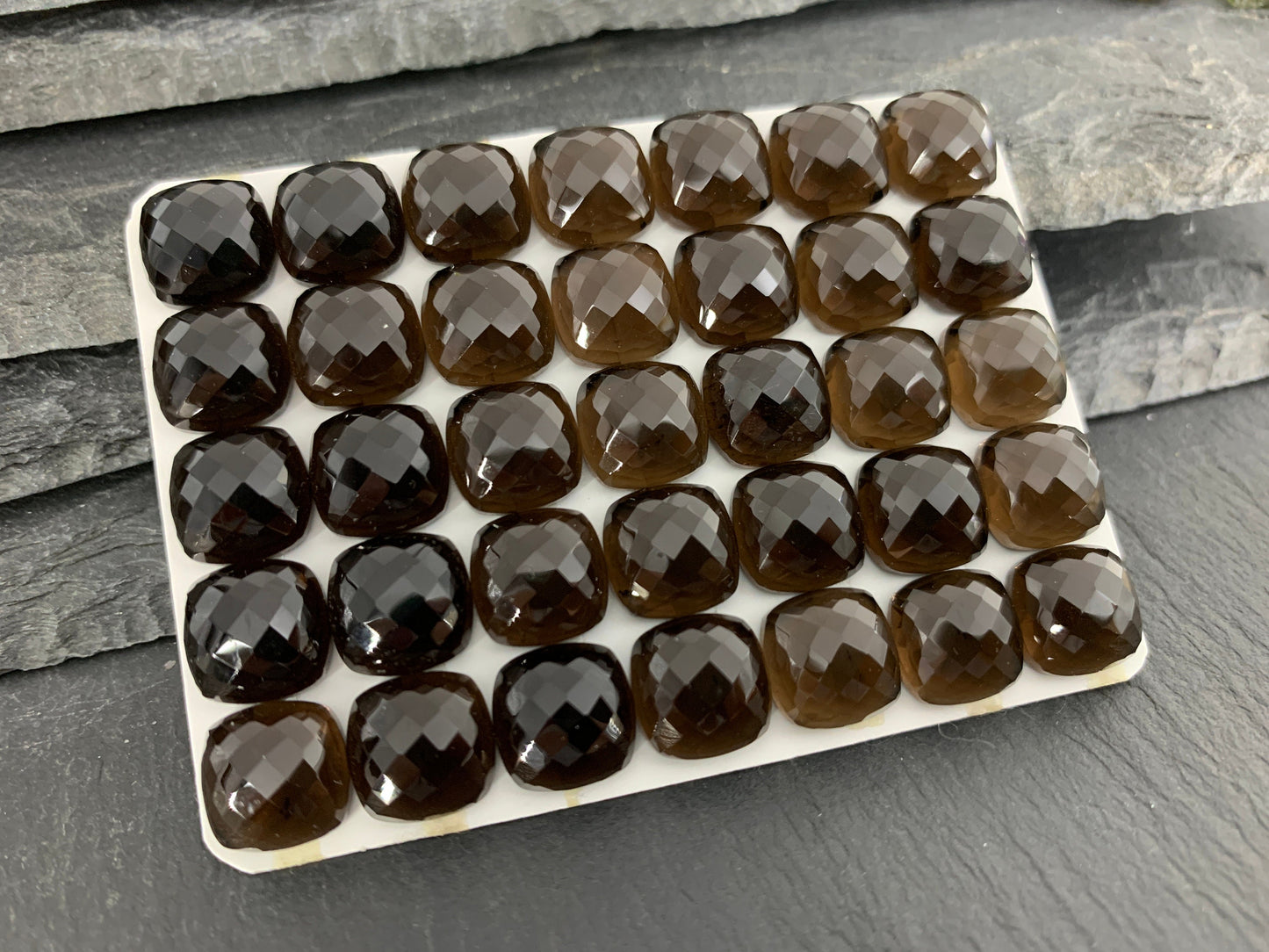 Faceted Smokey Quartz square cushion 10mm cabochon - Calibrated cabochons