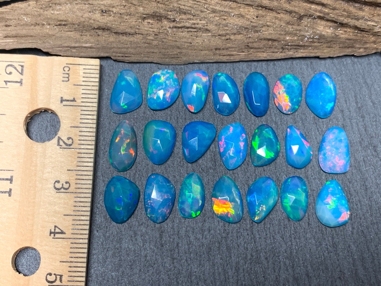 Faceted Blue Ethiopian Opal 8-10mm long cabochon