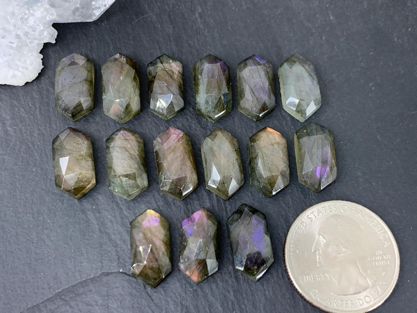 Faceted Labradorite long hexagon 8x16mm cabochon