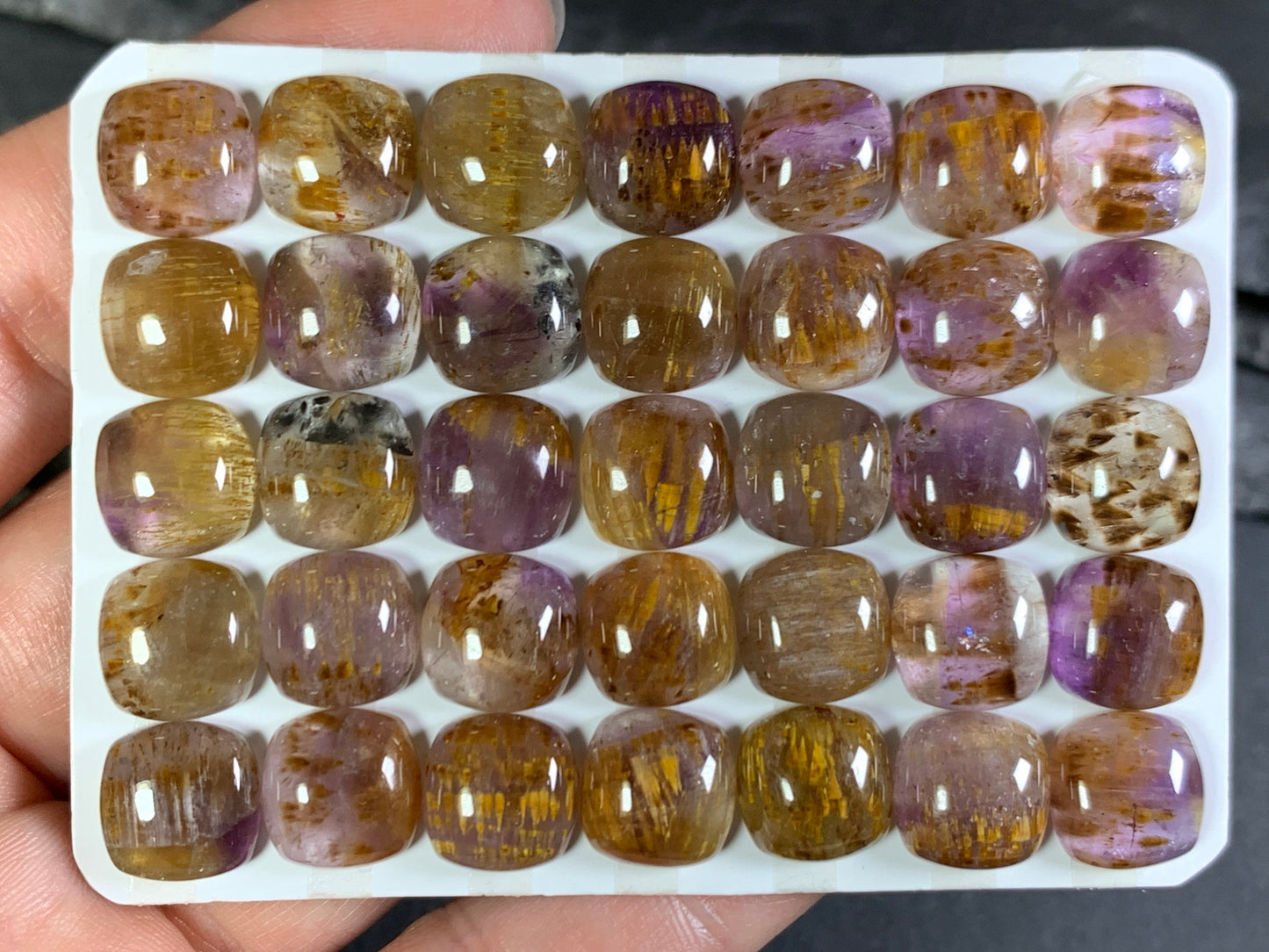 Amethyst Cacoxenite square cushion 10mm cabochon - Calibrated cabochons