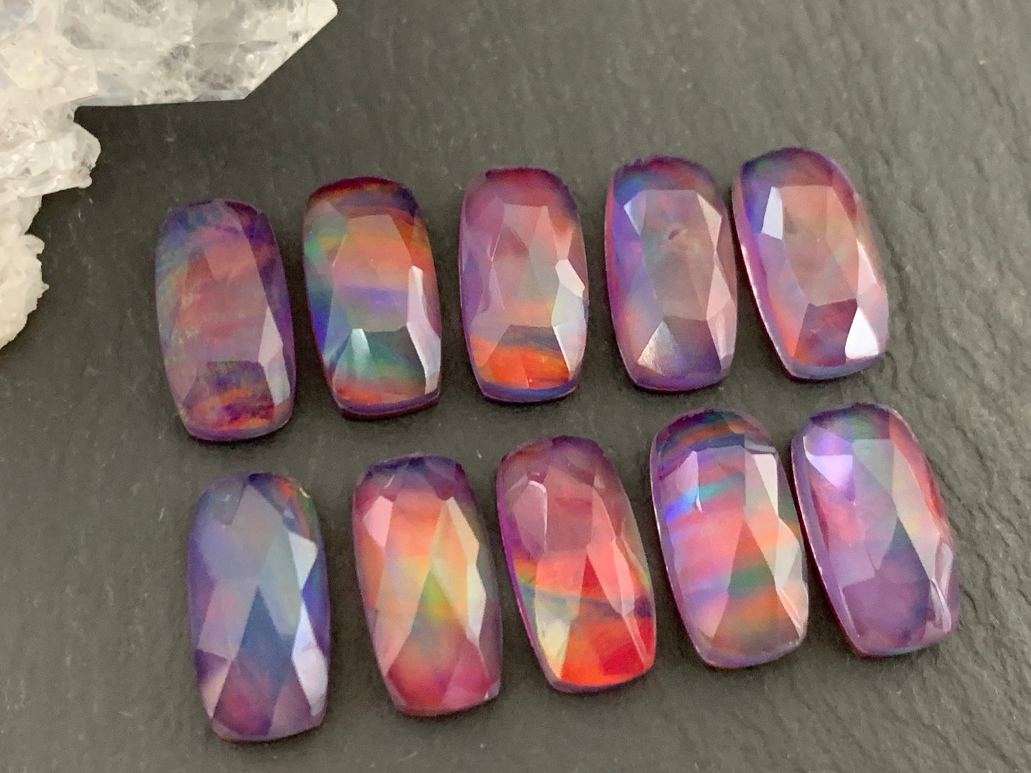 Faceted Aurora Opal rectangle 7x14mm cabochon - Doublet cabochons