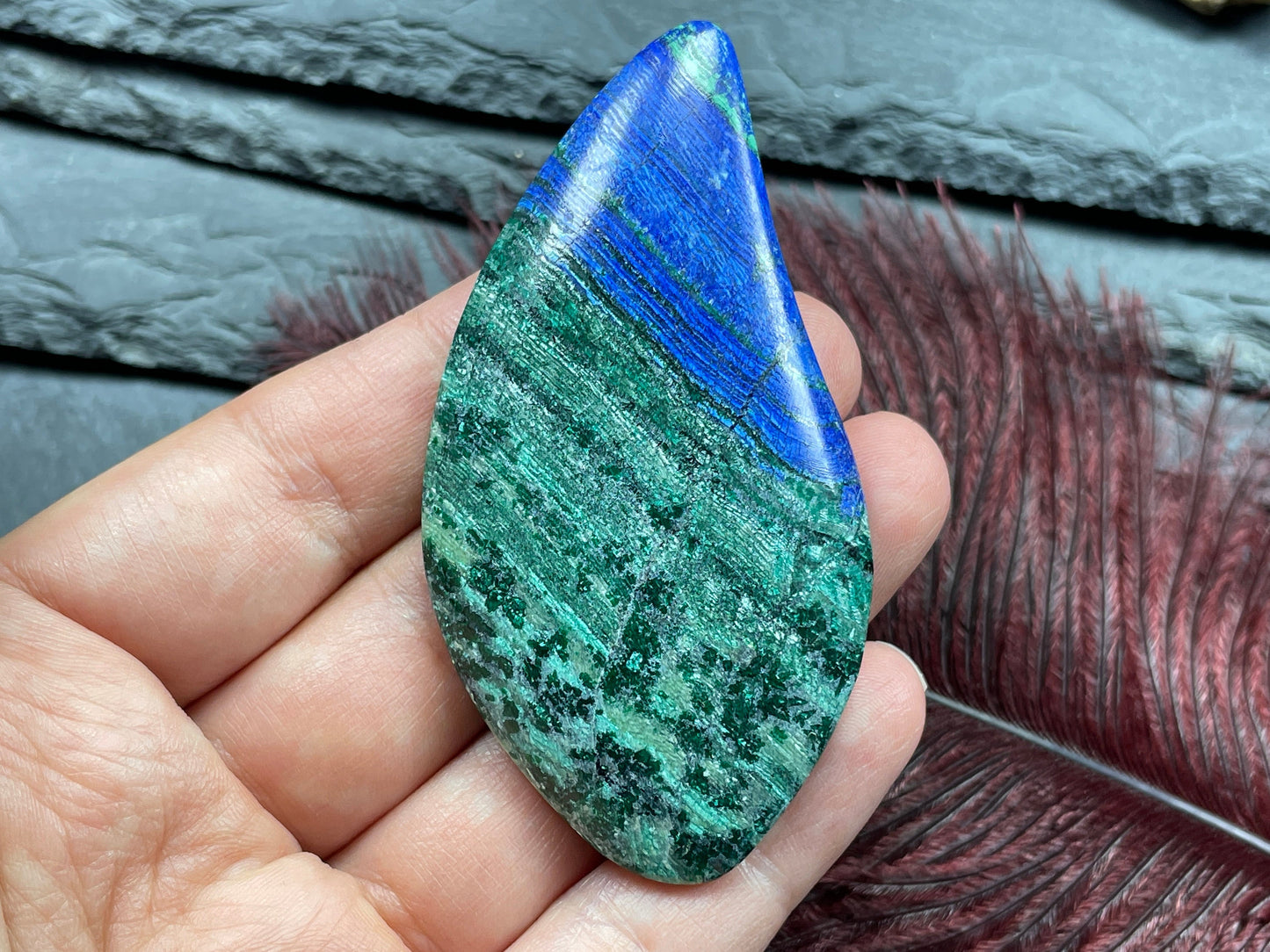 Azurite and Brochantite 37x72mm cabochon