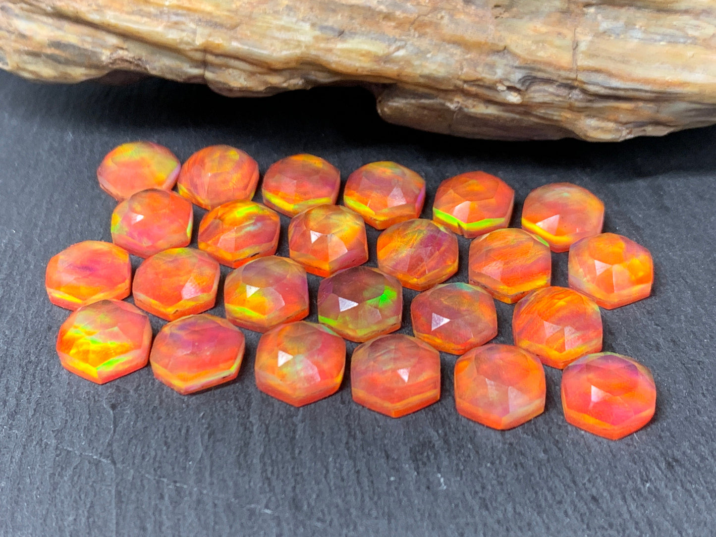 Faceted Orange Aurora Opal hexagon 10mm cabochon - Doublet cabochons