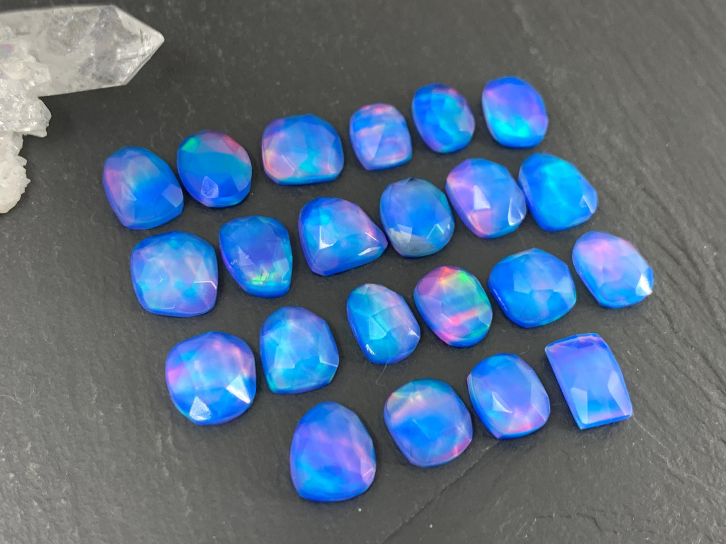 Faceted Aurora Opal free form 9-10mm long doublet cabochons - Doublet cabochons