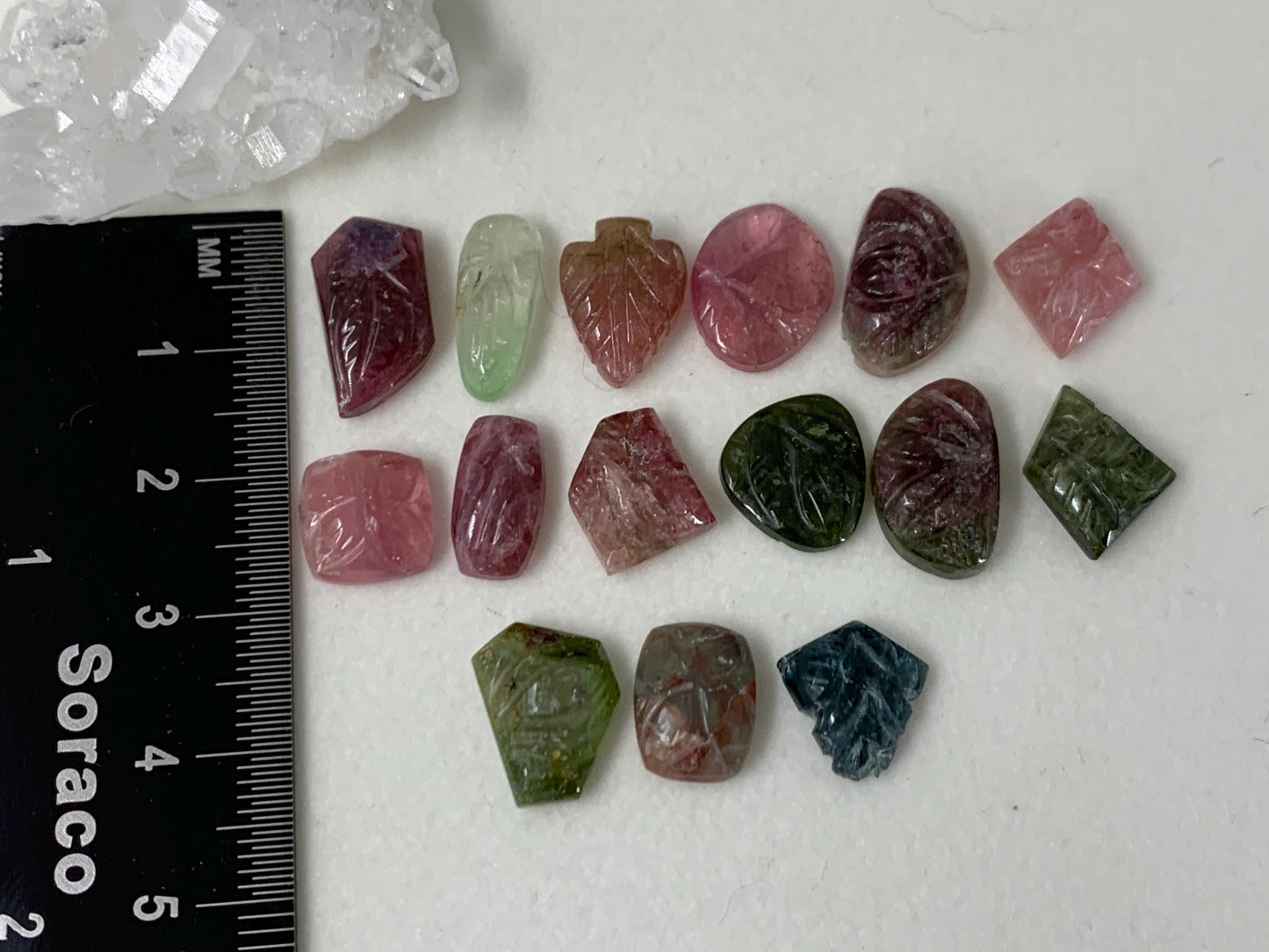 Discounted damaged carved Watermelon Tourmaline 9-15mm long cabochon
