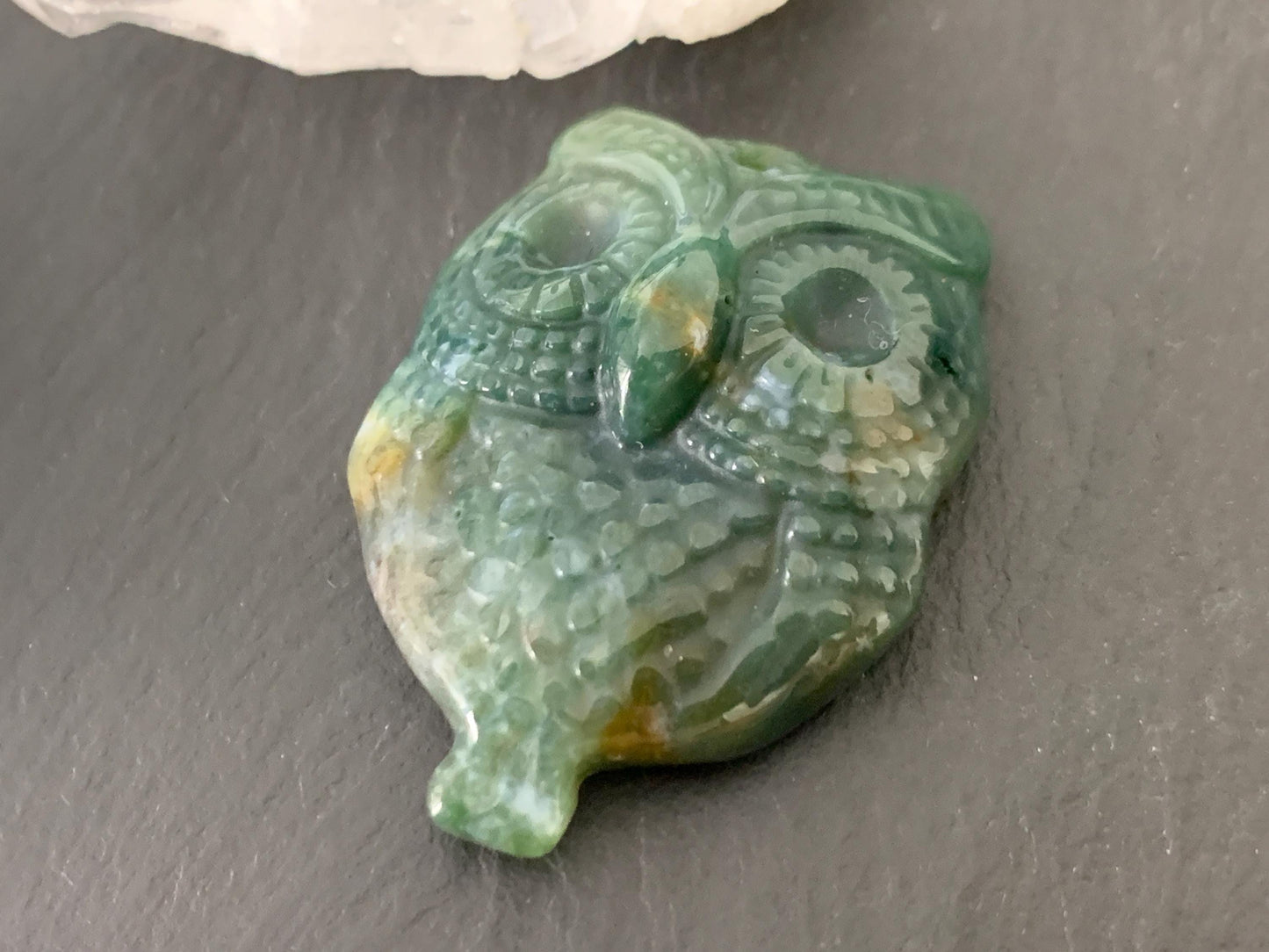 Ocean Jasper owl top drilled 26x35mm cabochon carving