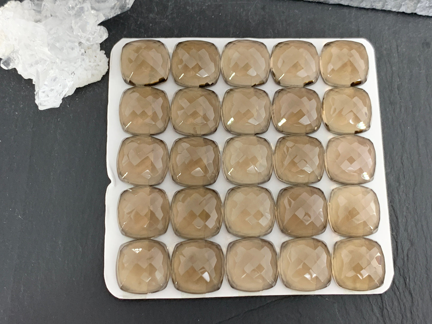 Faceted Smokey Quartz square cushion 14mm cabochon - Calibrated cabochons