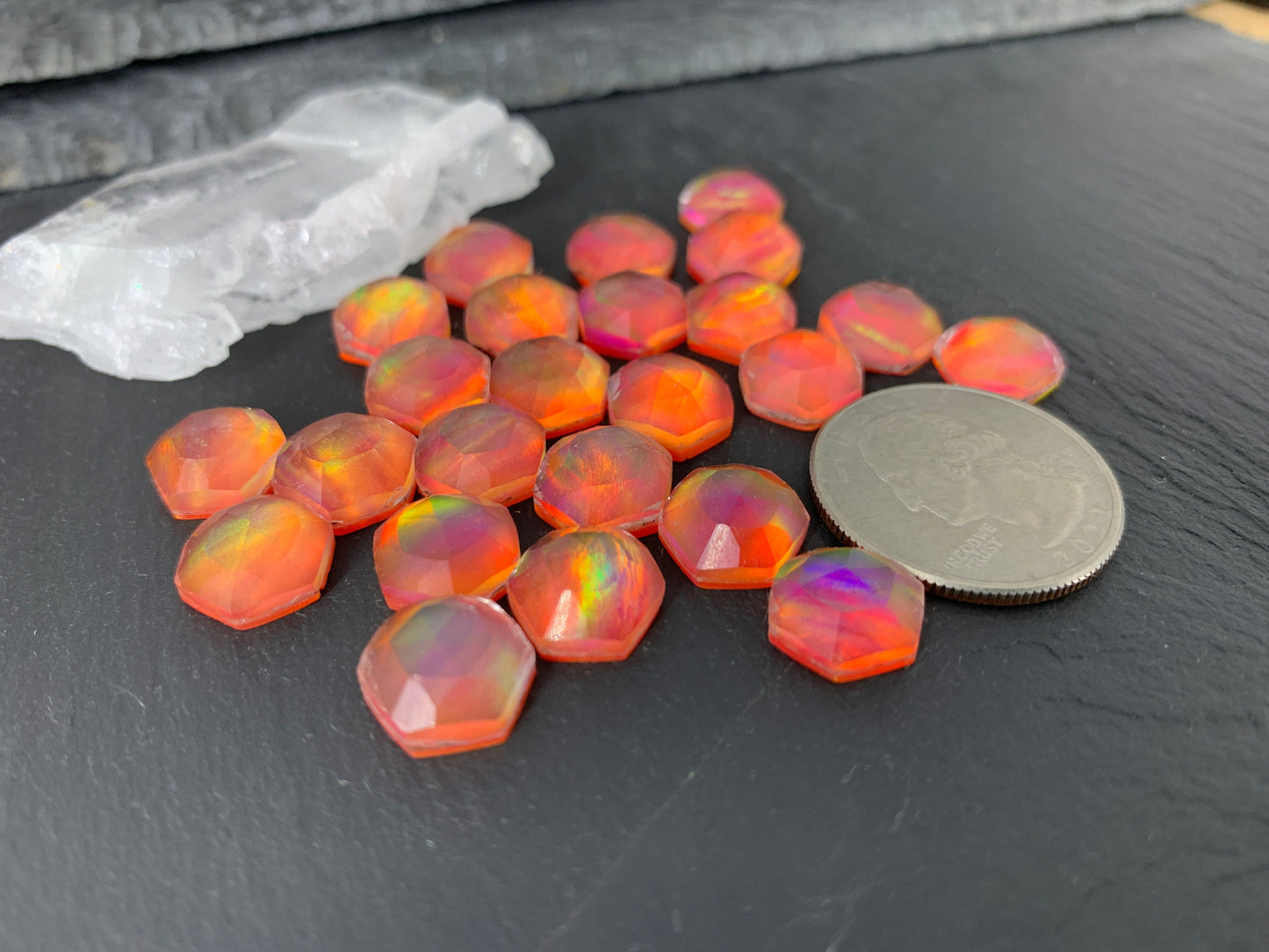 Faceted Orange Aurora Opal hexagon 10mm cabochon - Doublet cabochons