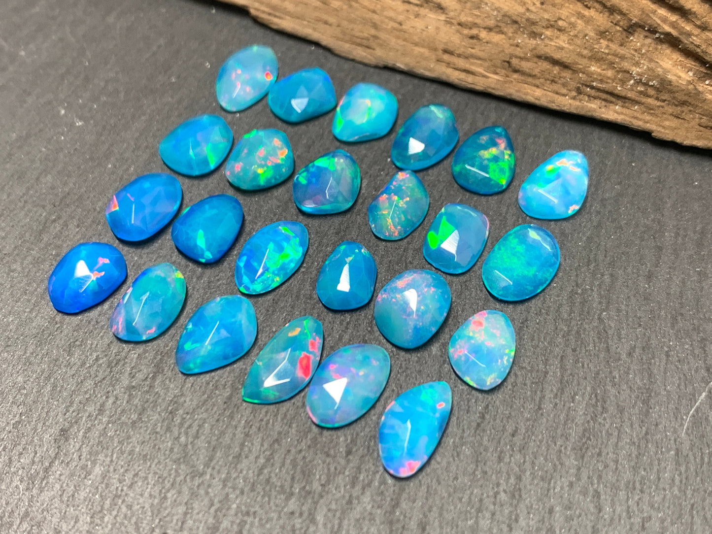 Faceted Blue Ethiopian Opal 8-10mm long cabochon