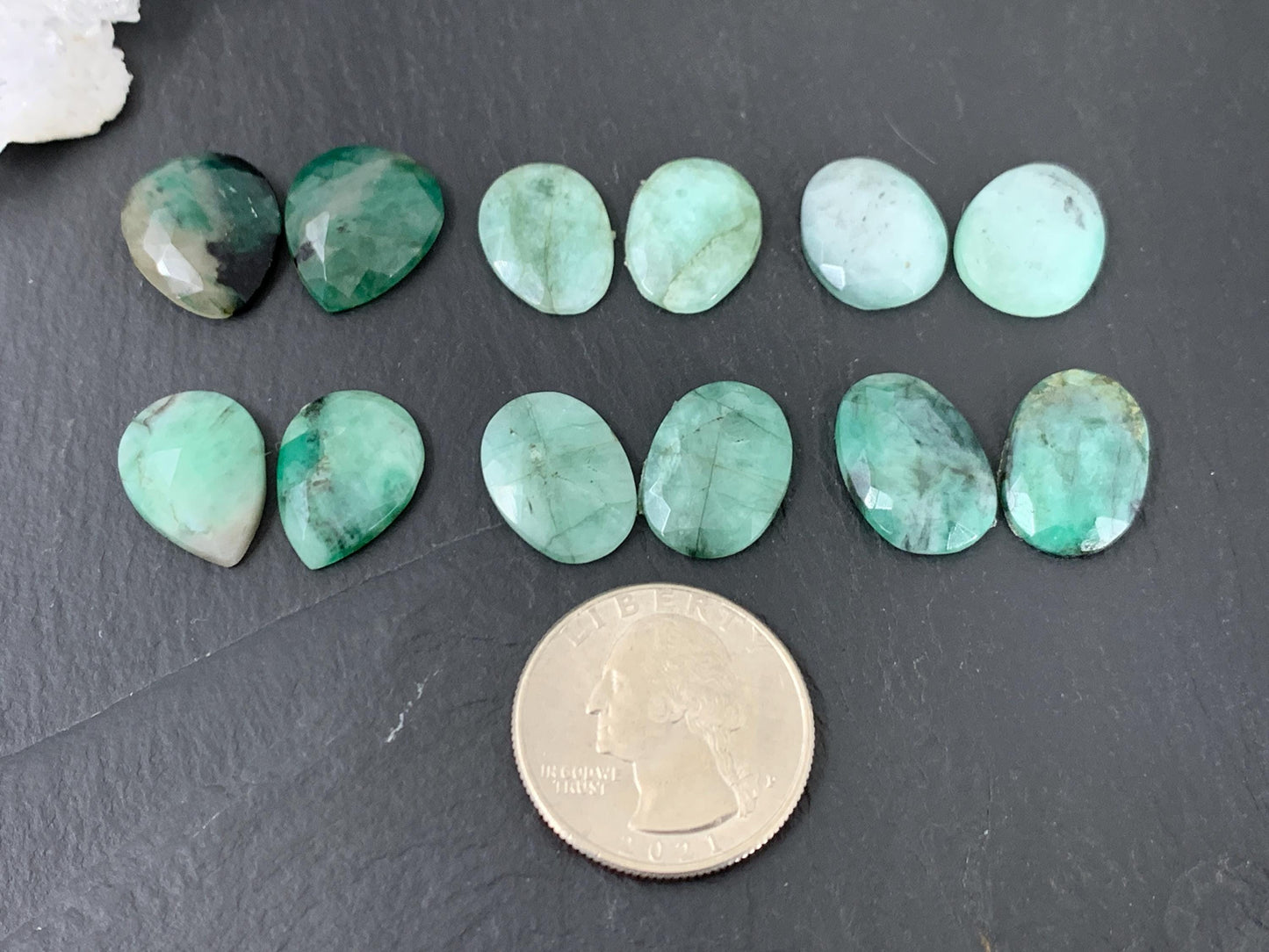 Faceted Emerald pair 15-17mm long cabochon