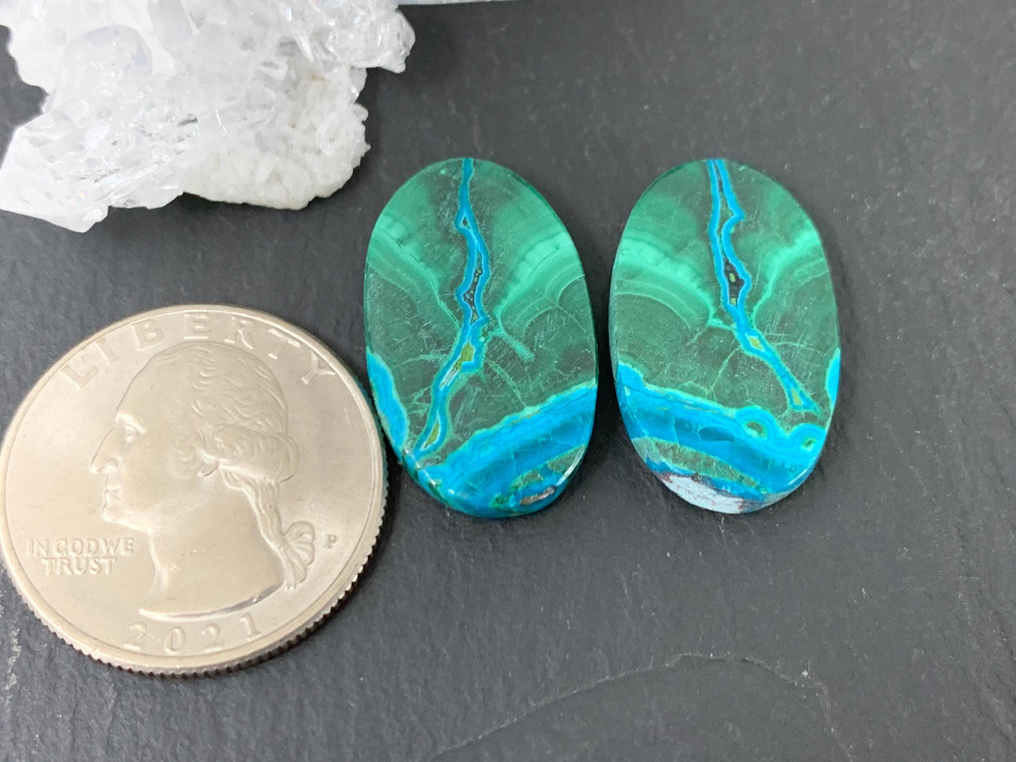 Malachite Chrysocolla oval 14x23x4.5mm cabochon pair