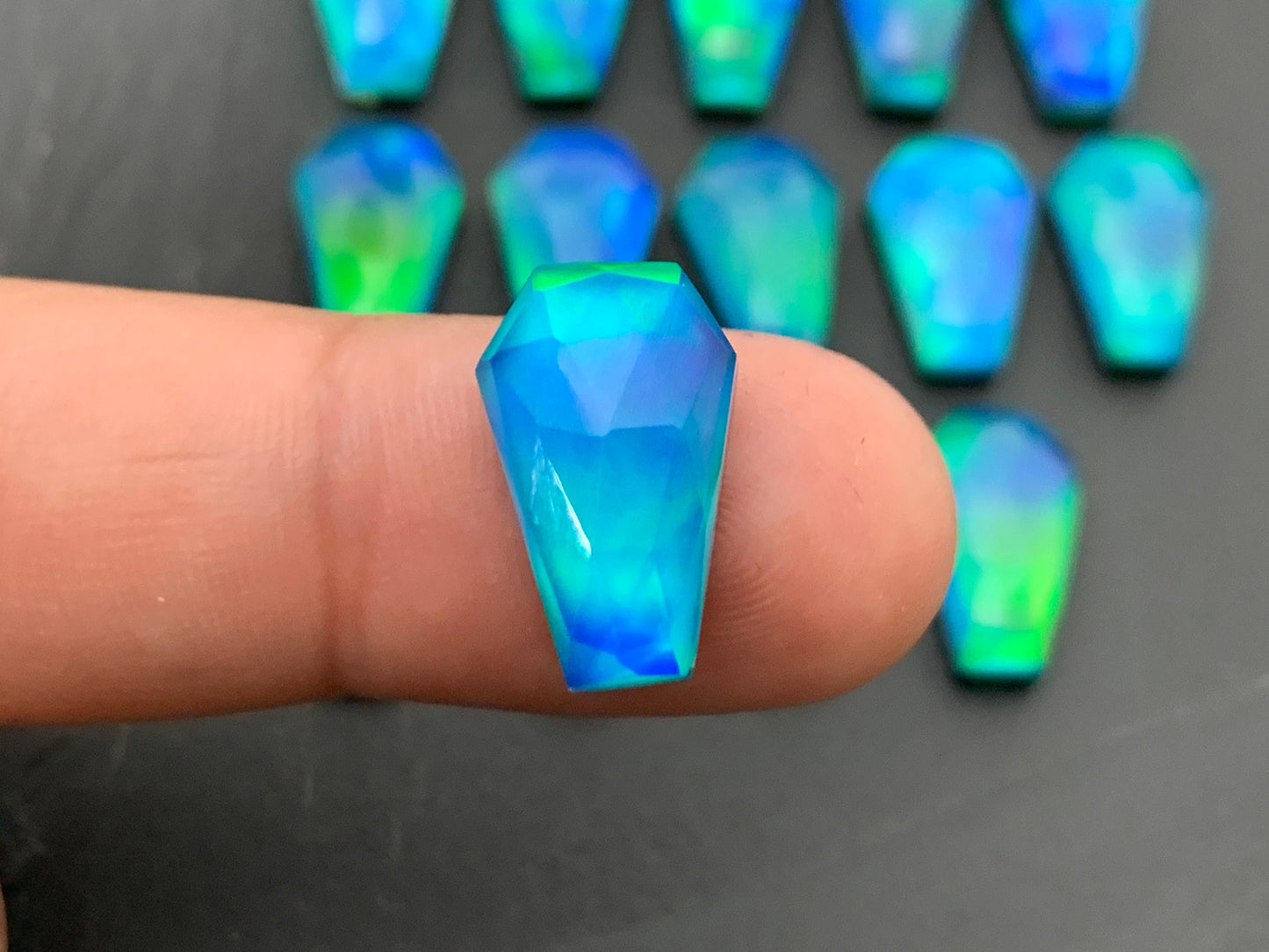 Faceted Aurora Opal coffin 10x16mm cabochon - Doublet cabochons